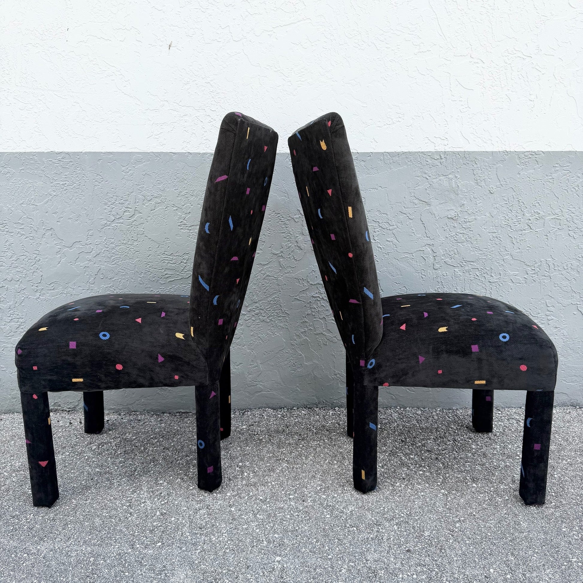 Vintage Postmodern Black Fabric Dining Chairs With Multi Color Shapes - Set of 8 Dolphin & Flamingo