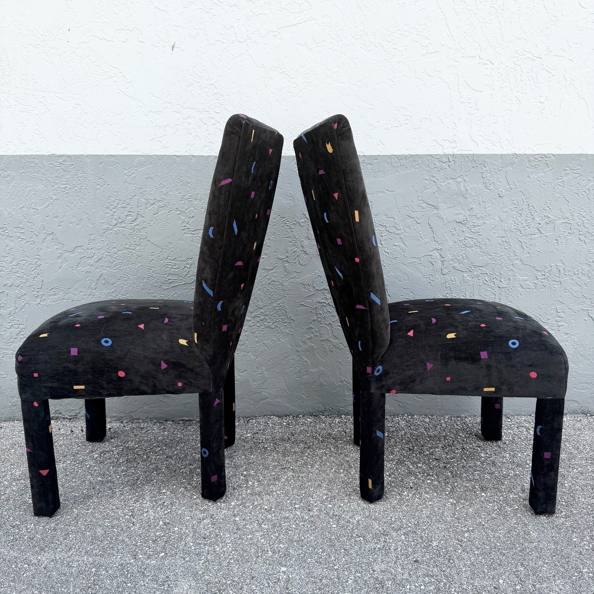 Vintage Postmodern Black Fabric Dining Chairs With Multi Color Shapes - Set of 8 Dolphin & Flamingo