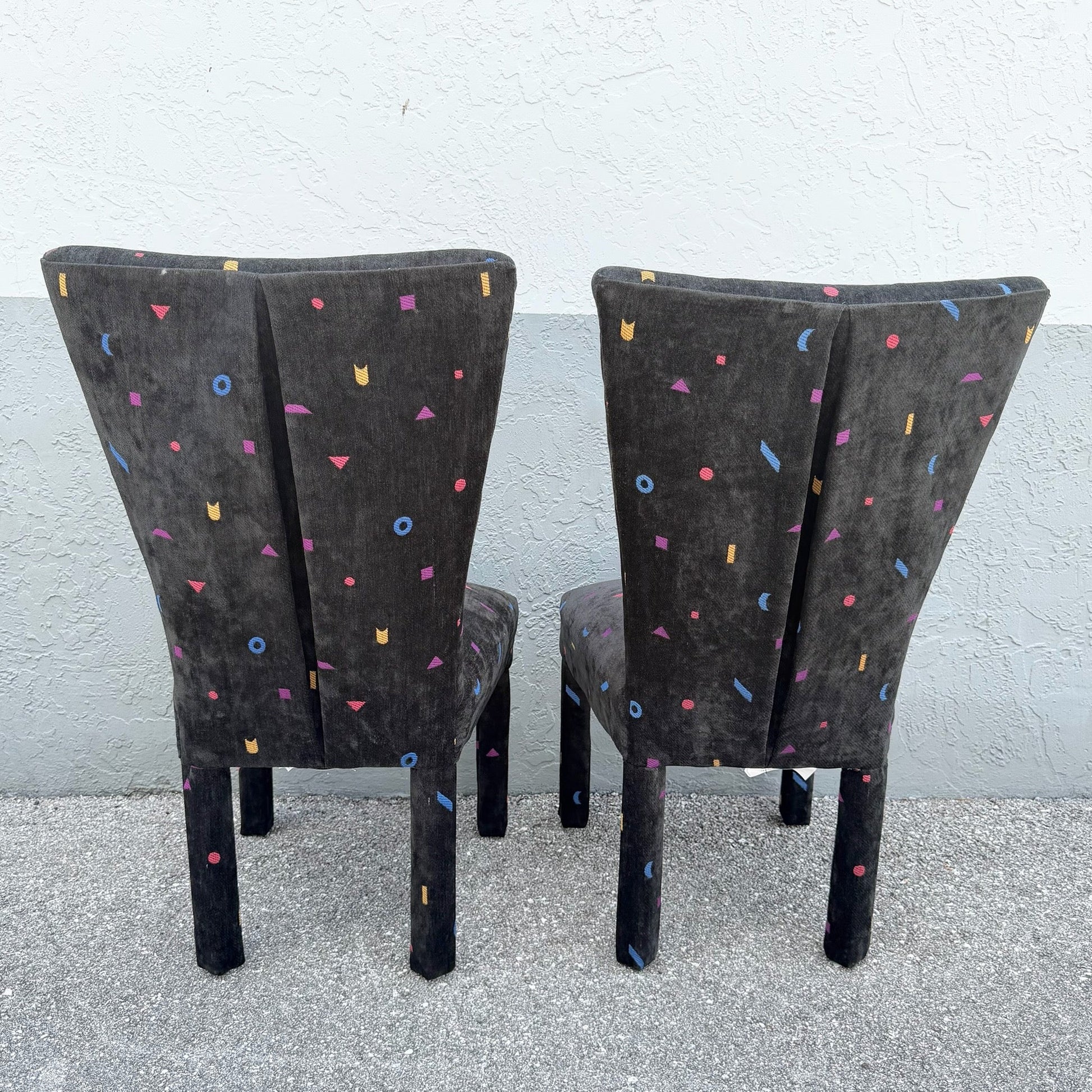 Vintage Postmodern Black Fabric Dining Chairs With Multi Color Shapes - Set of 8 Dolphin & Flamingo