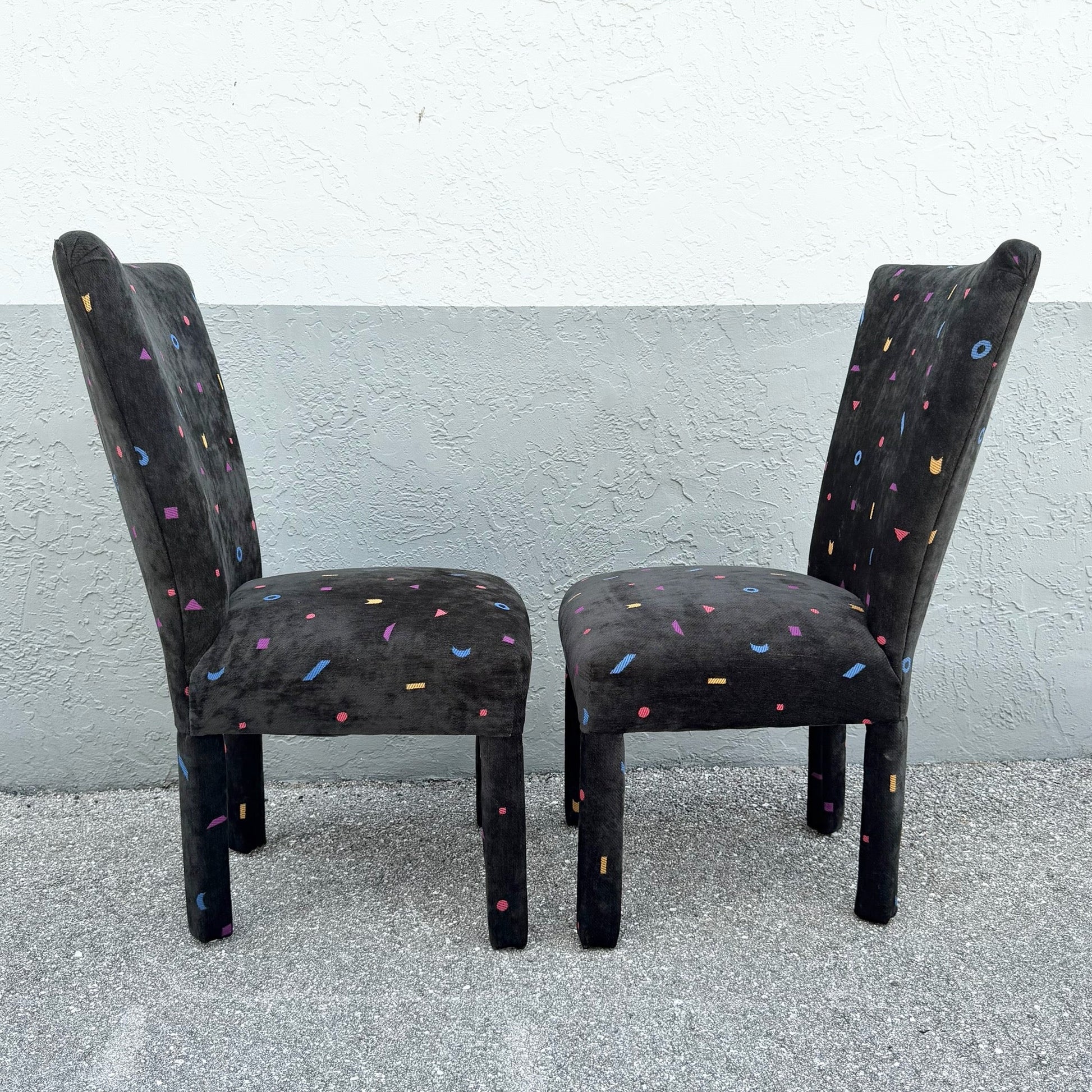 Vintage Postmodern Black Fabric Dining Chairs With Multi Color Shapes - Set of 8 Dolphin & Flamingo