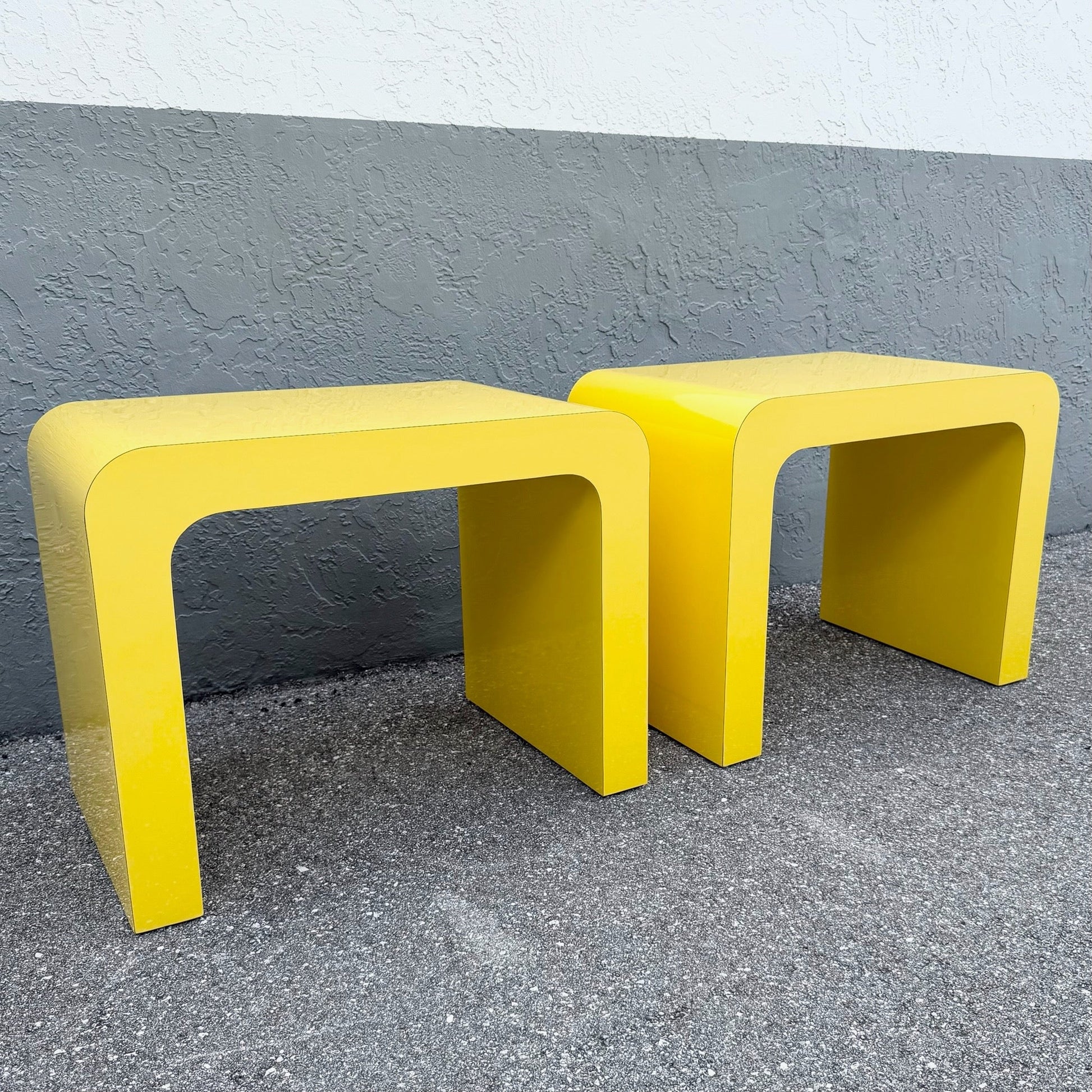 Postmodern Yellow Gloss Laminate Waterfall Side Tables - A Pair Dolphin & Flamingo