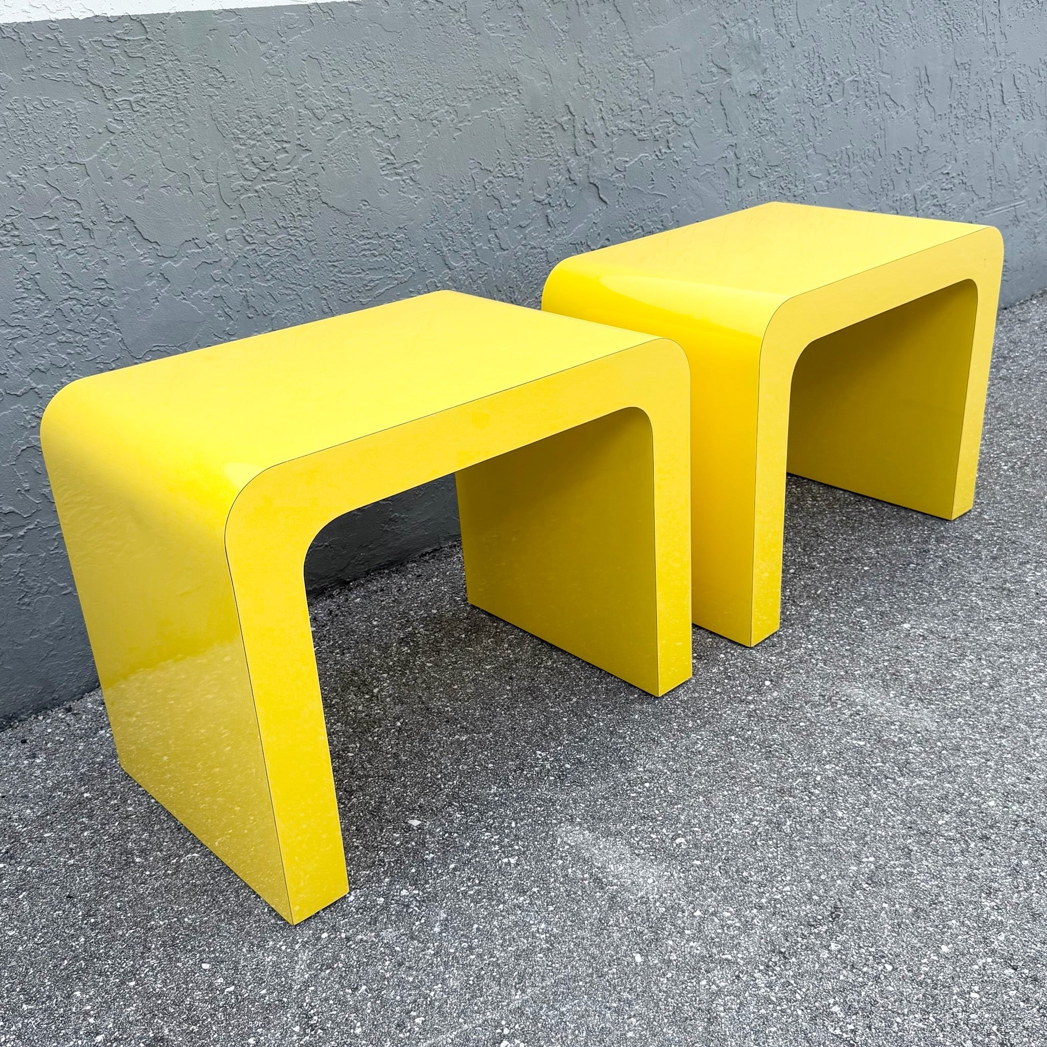 Postmodern Yellow Gloss Laminate Waterfall Side Tables - A Pair Dolphin & Flamingo