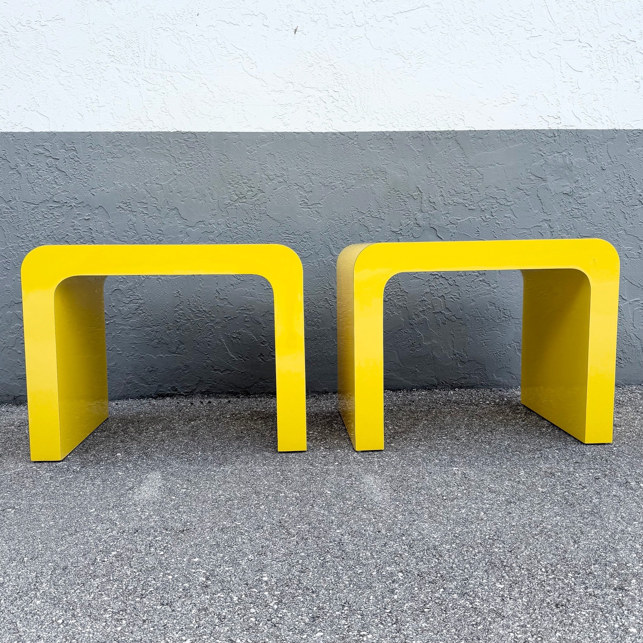 Postmodern Yellow Gloss Laminate Waterfall Side Tables - A Pair Dolphin & Flamingo