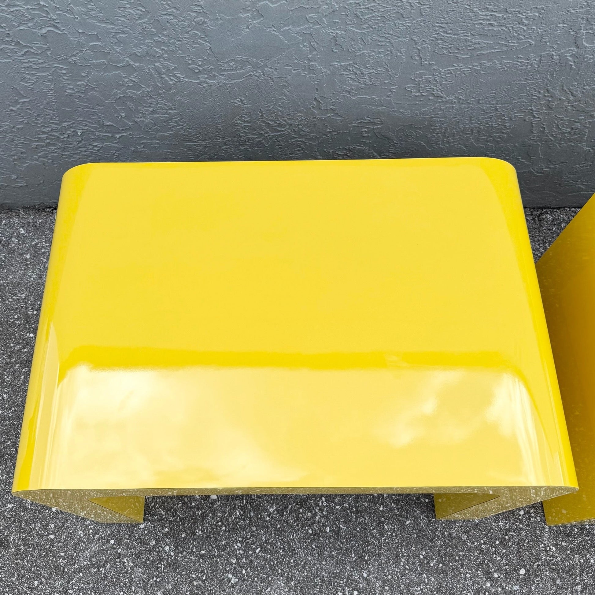 Postmodern Yellow Gloss Laminate Waterfall Side Tables - A Pair Dolphin & Flamingo