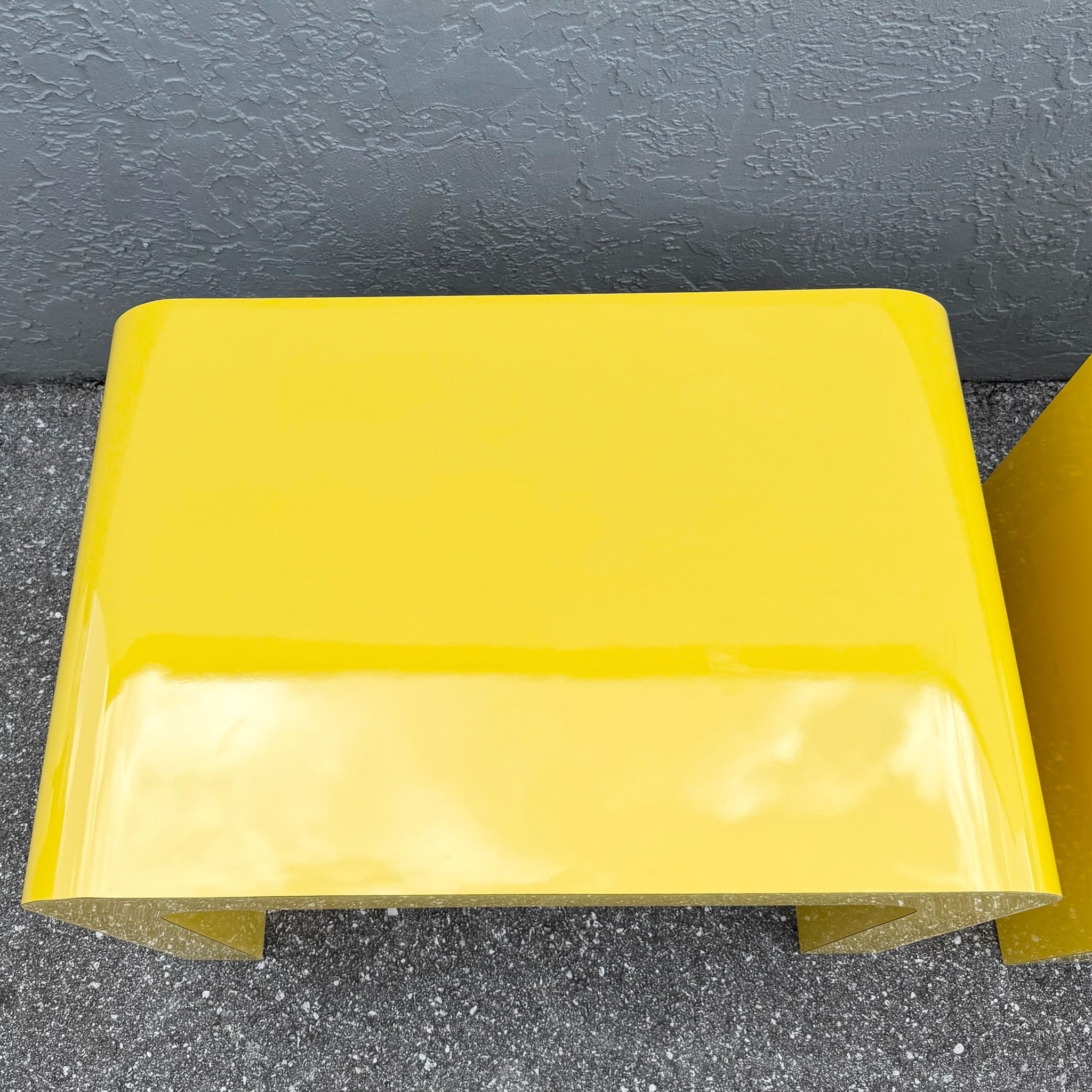 Postmodern Yellow Gloss Laminate Waterfall Side Tables - A Pair Dolphin & Flamingo