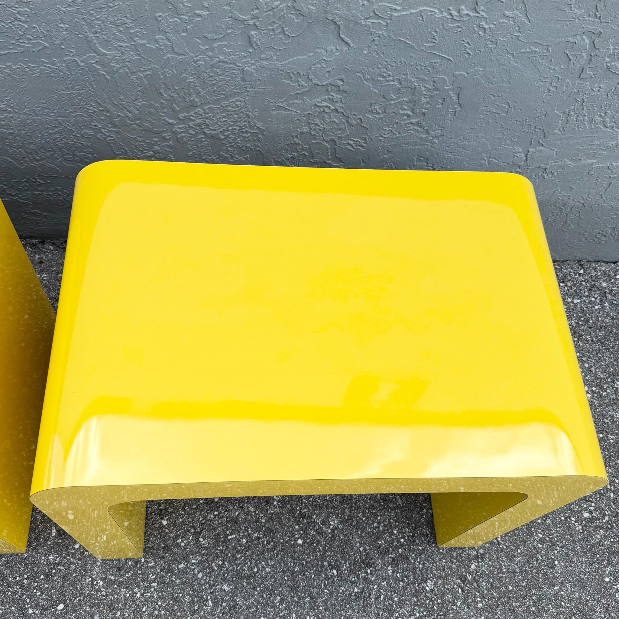 Postmodern Yellow Gloss Laminate Waterfall Side Tables - A Pair Dolphin & Flamingo