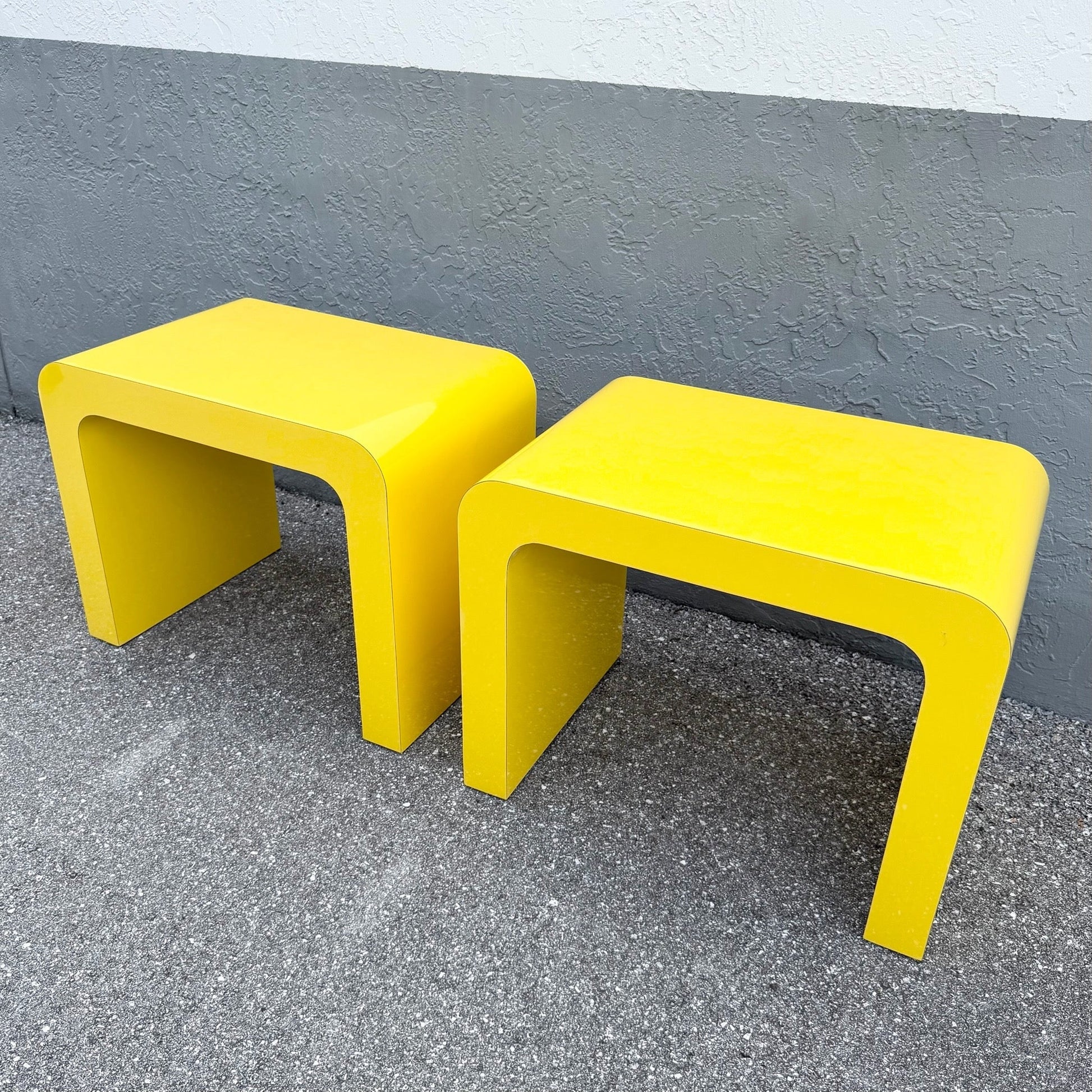 Postmodern Yellow Gloss Laminate Waterfall Side Tables - A Pair Dolphin & Flamingo