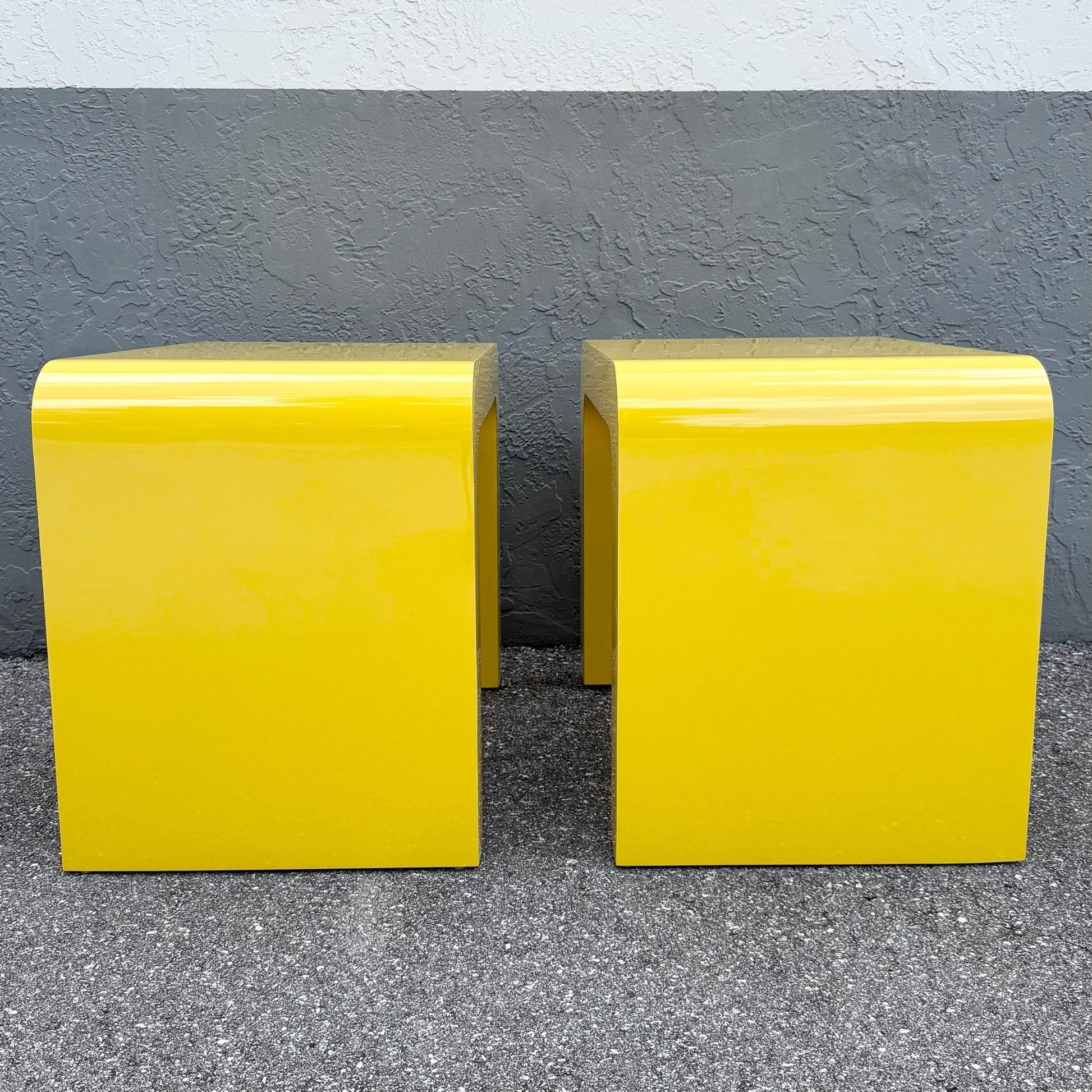 Postmodern Yellow Gloss Laminate Waterfall Side Tables - A Pair Dolphin & Flamingo