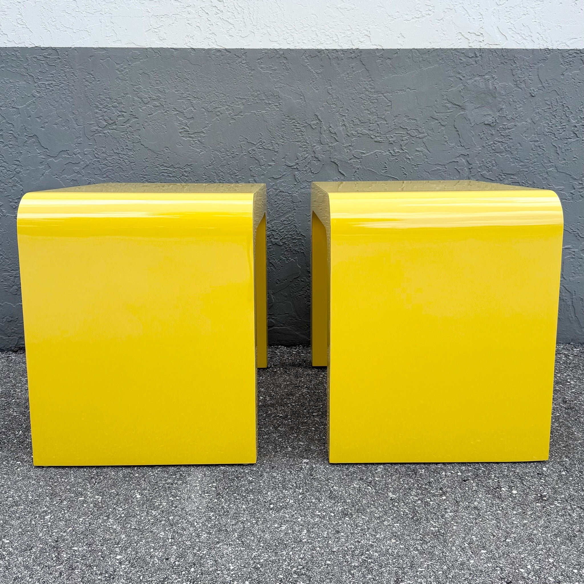 Postmodern Yellow Gloss Laminate Waterfall Side Tables - A Pair Dolphin & Flamingo