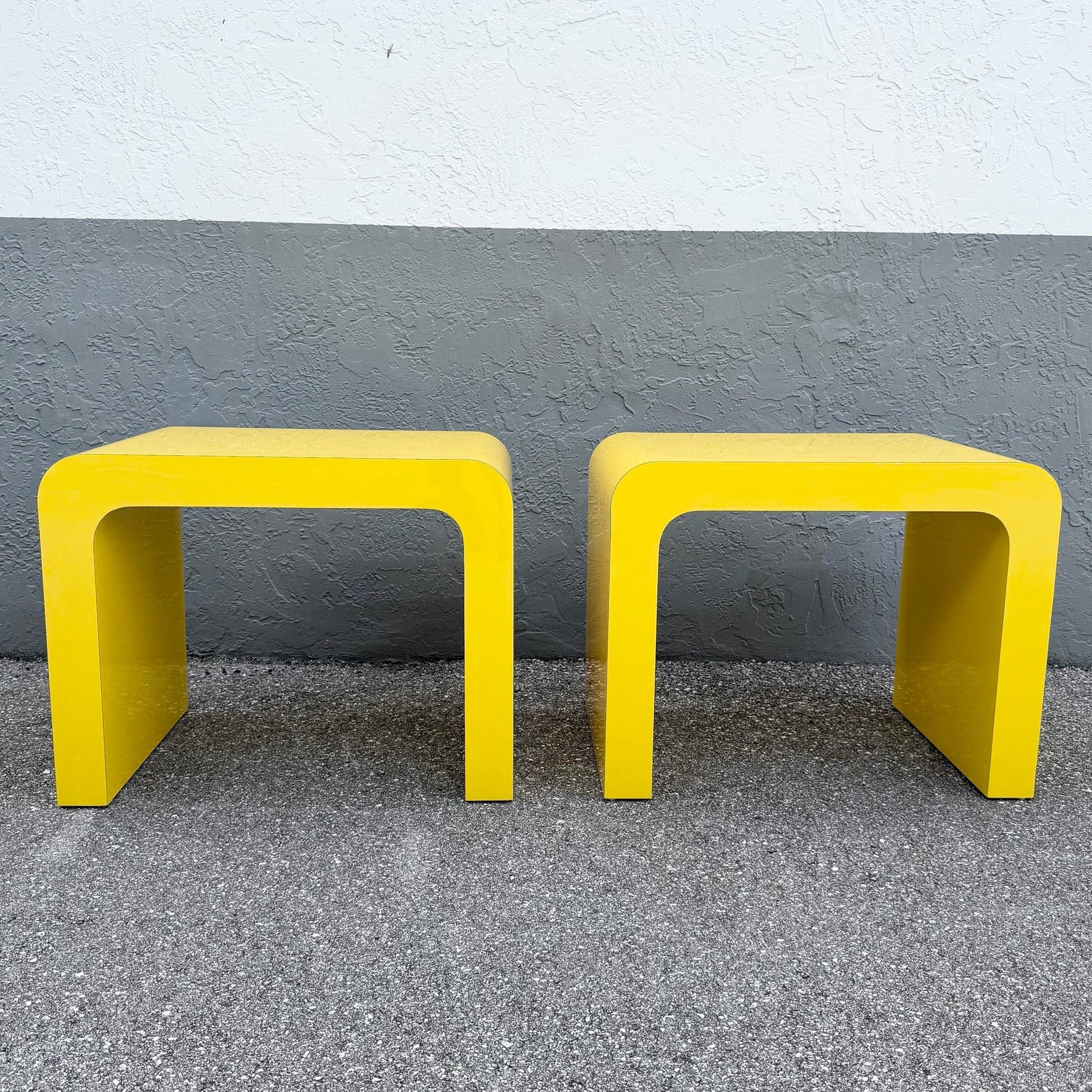Postmodern Yellow Gloss Laminate Waterfall Side Tables - A Pair Dolphin & Flamingo