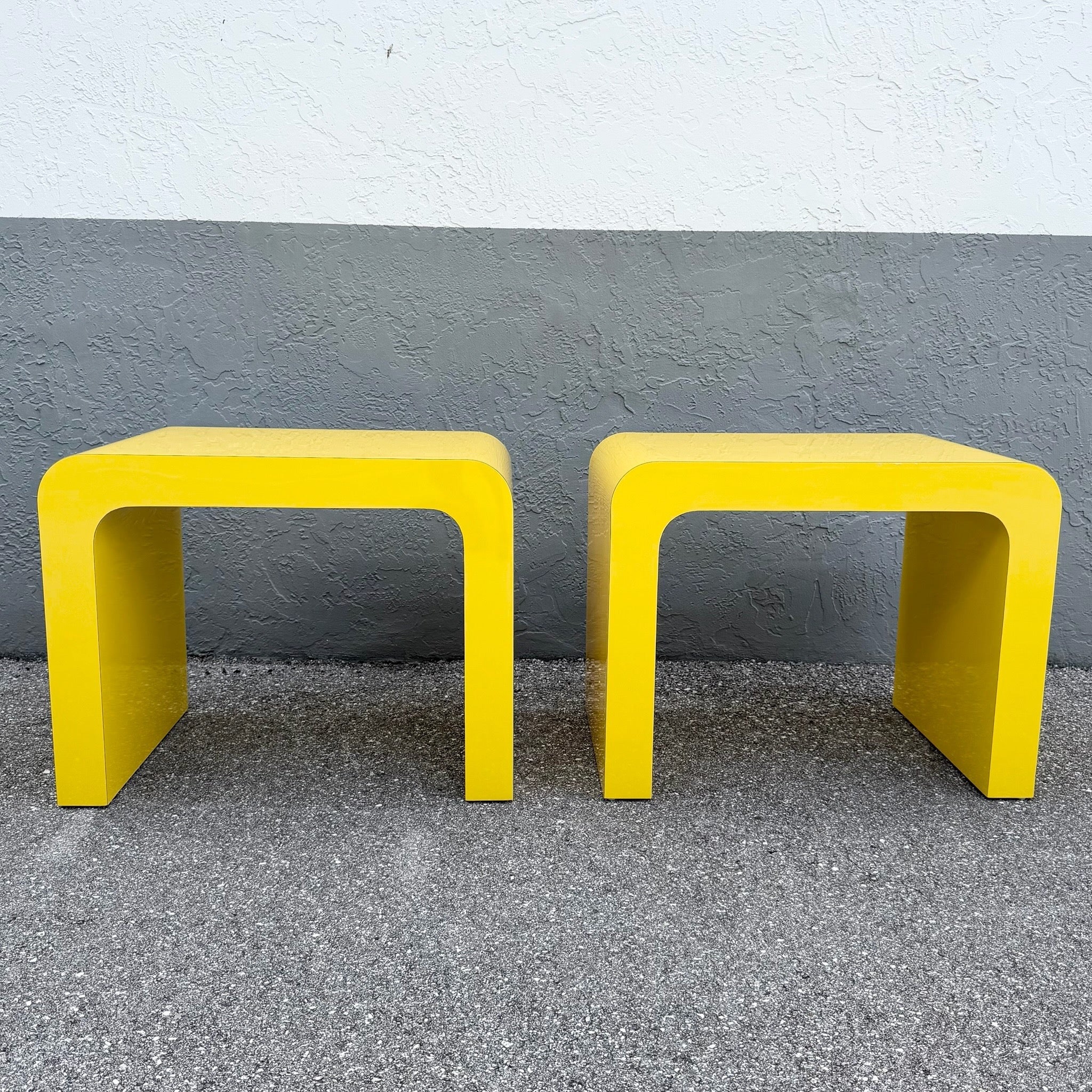 Postmodern Yellow Gloss Laminate Waterfall Side Tables - A Pair Dolphin & Flamingo
