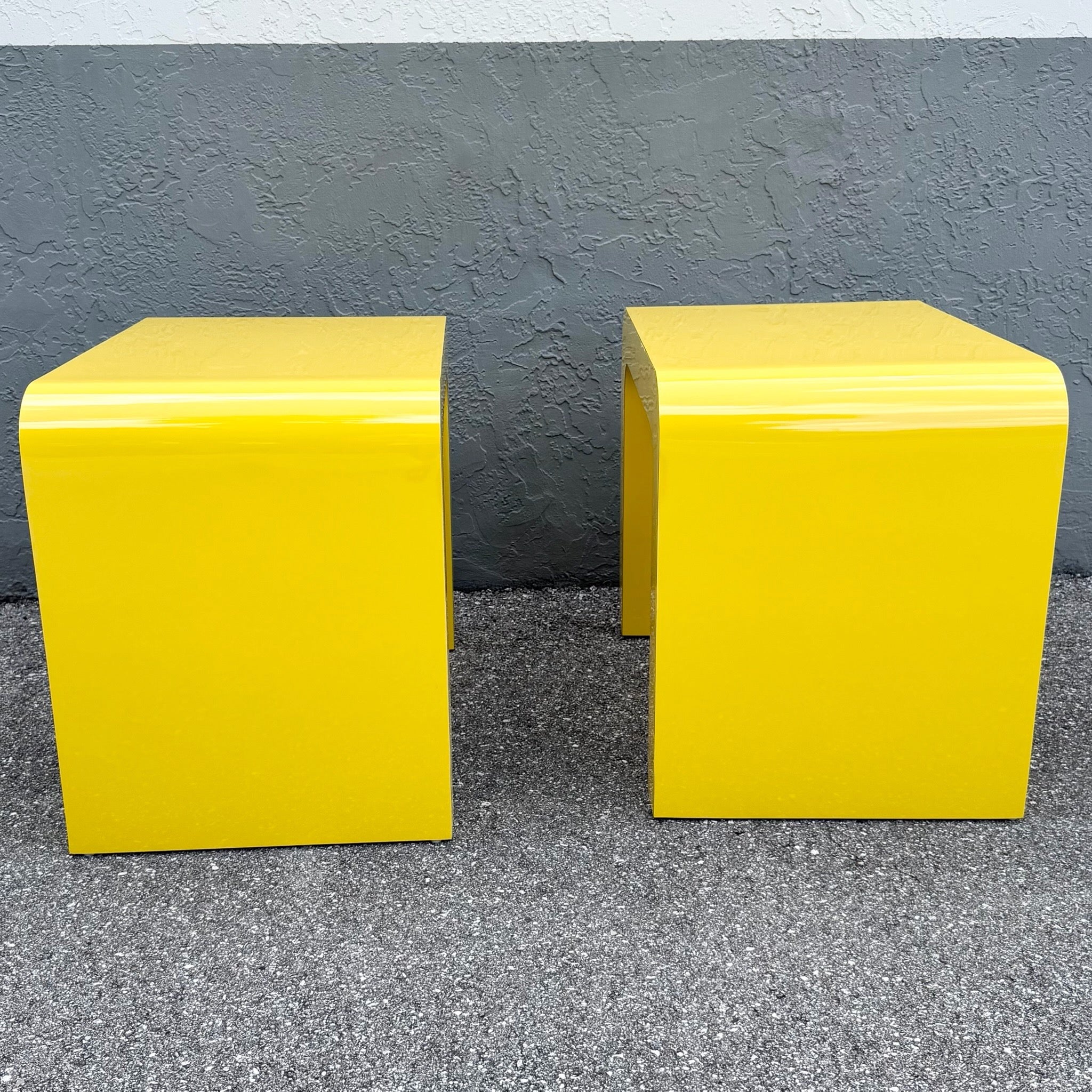 Postmodern Yellow Gloss Laminate Waterfall Side Tables - A Pair Dolphin & Flamingo
