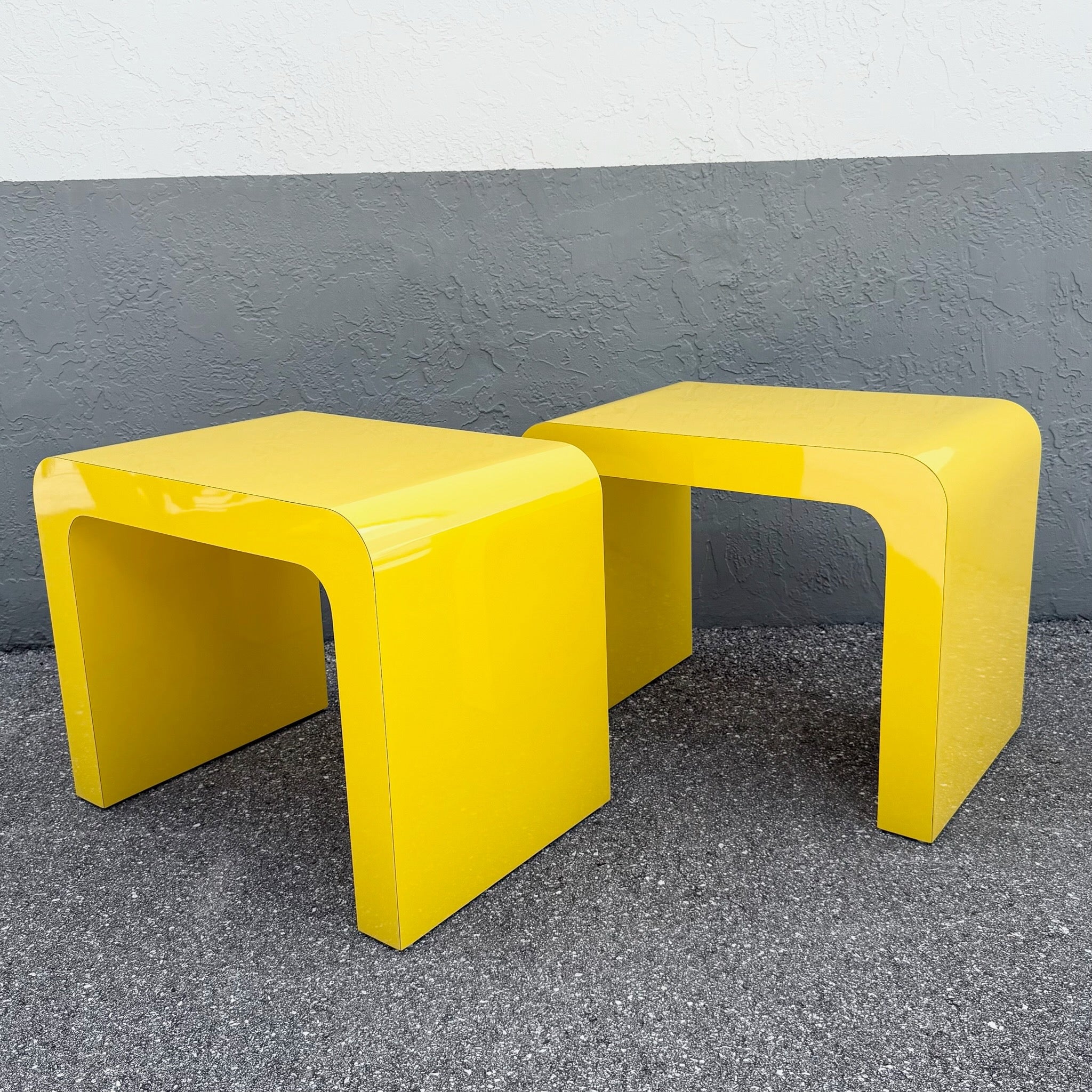 Postmodern Yellow Gloss Laminate Waterfall Side Tables - A Pair Dolphin & Flamingo