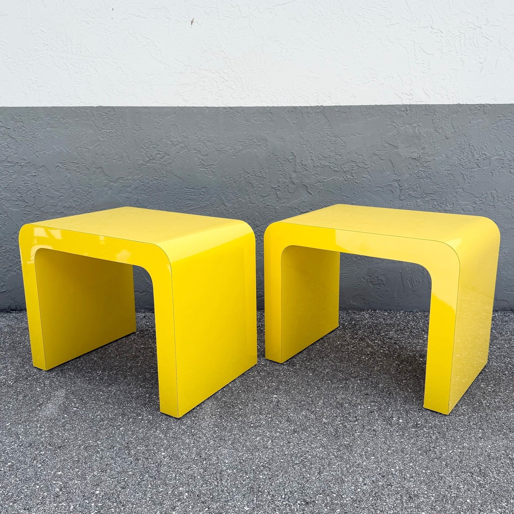 Postmodern Yellow Gloss Laminate Waterfall Side Tables - A Pair Dolphin & Flamingo