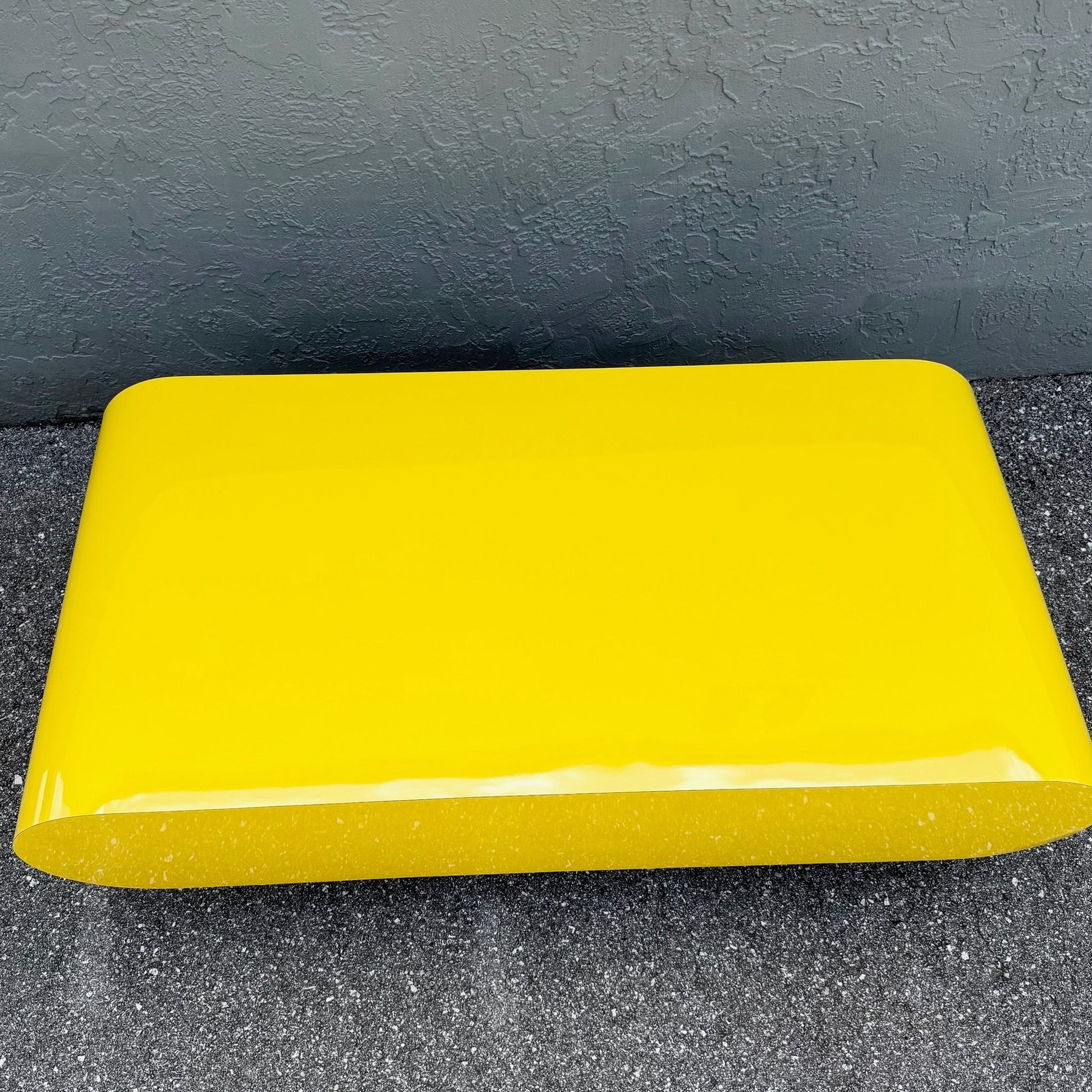 Postmodern Yellow Gloss Laminate Bullnose Coffee Table on Mirror Base Dolphin & Flamingo