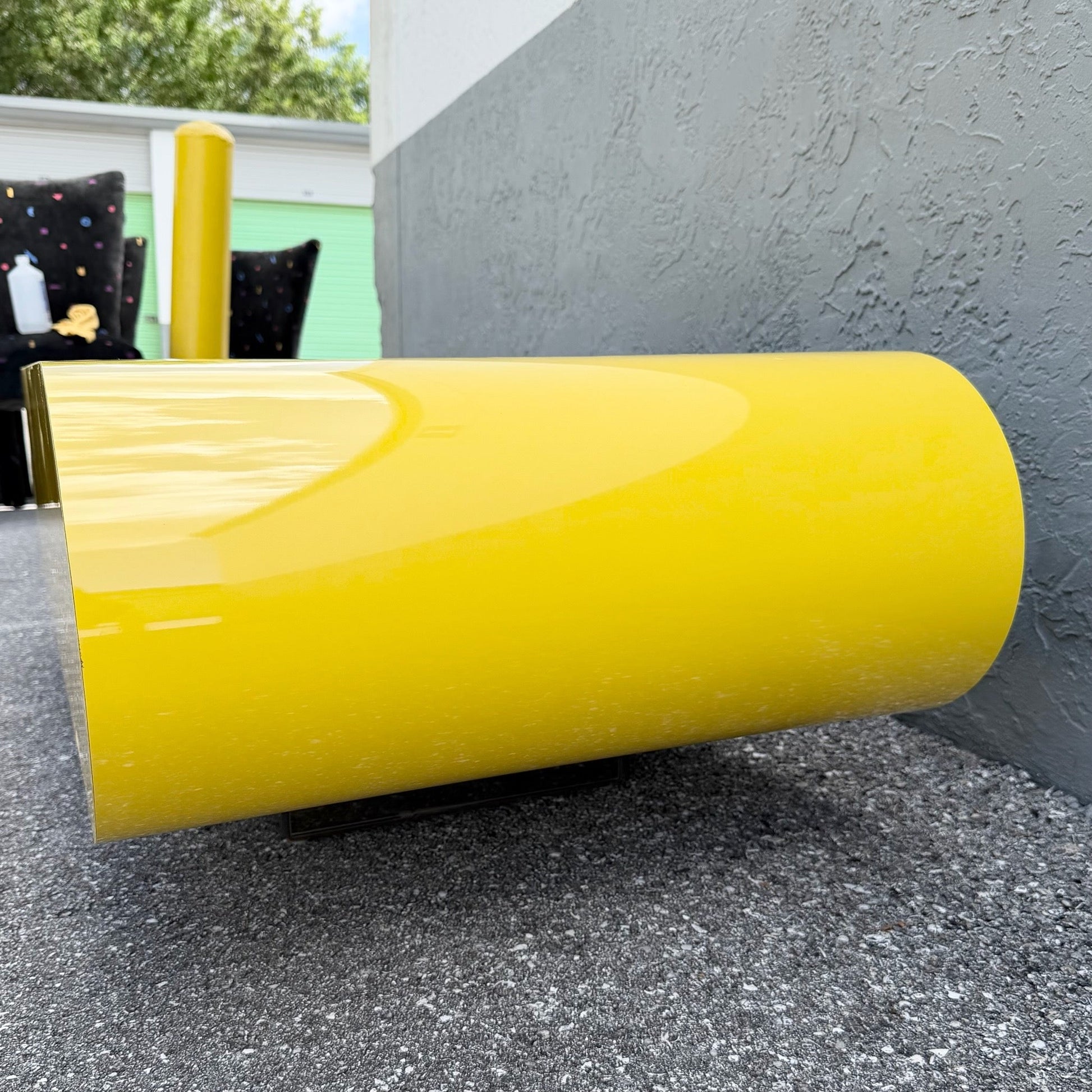 Postmodern Yellow Gloss Laminate Bullnose Coffee Table on Mirror Base Dolphin & Flamingo