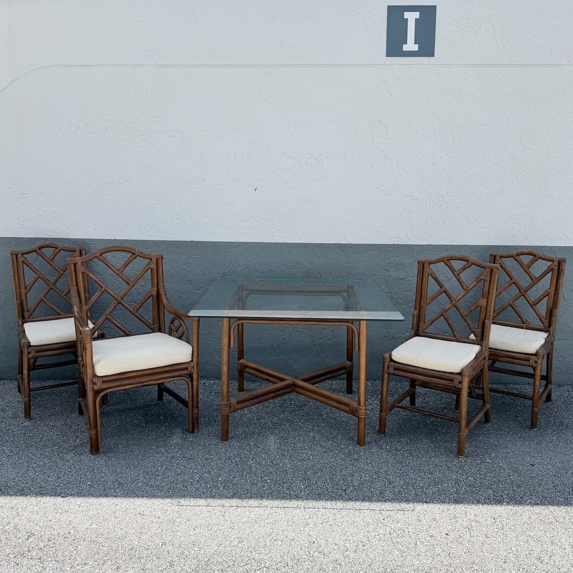 Boho Chic Chippendale Style Rattan Dining Set - 5 Pieces Dolphin & Flamingo