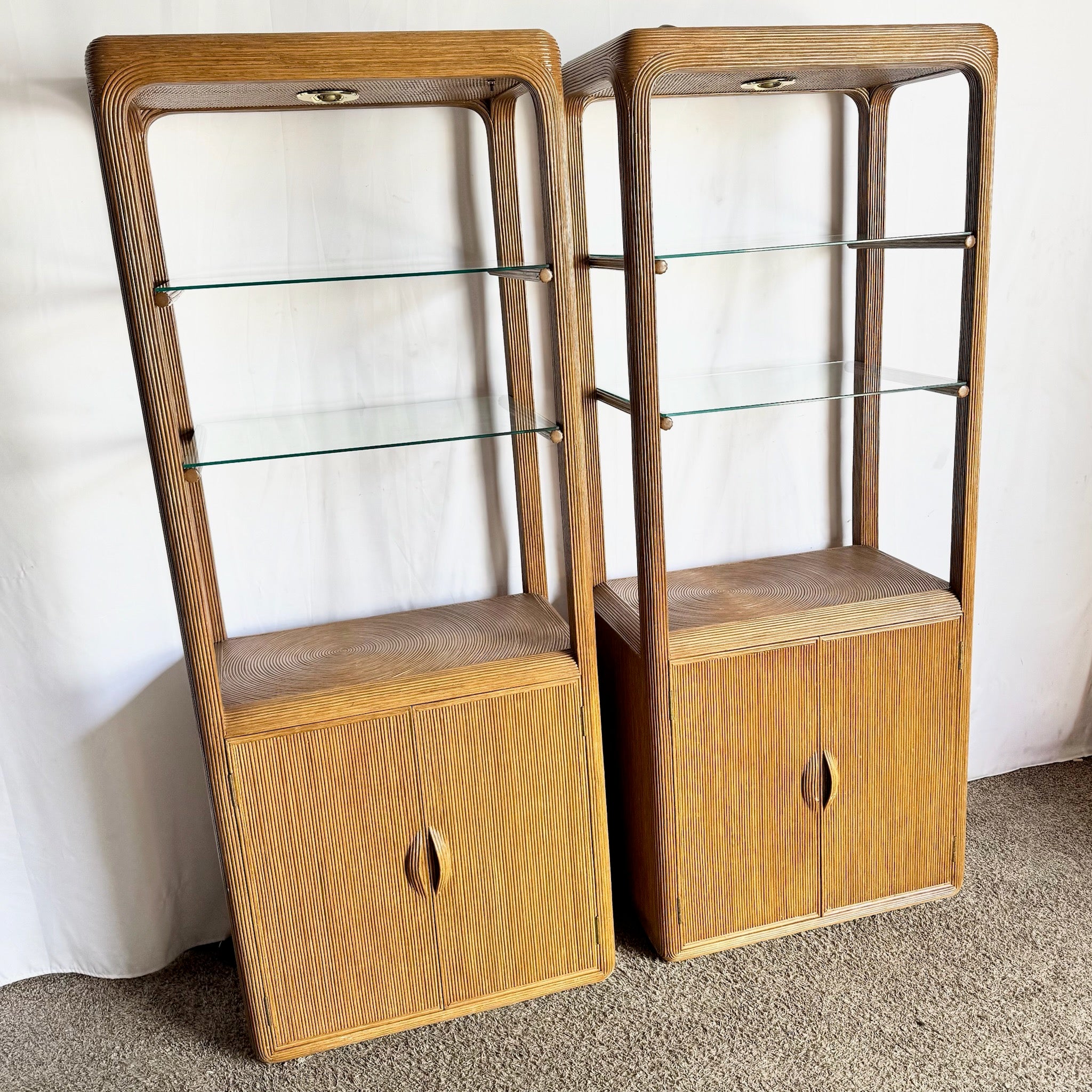 Boho Chic Swirl Pencil Reed Lighted Etageres/Bookshelves - A Pair