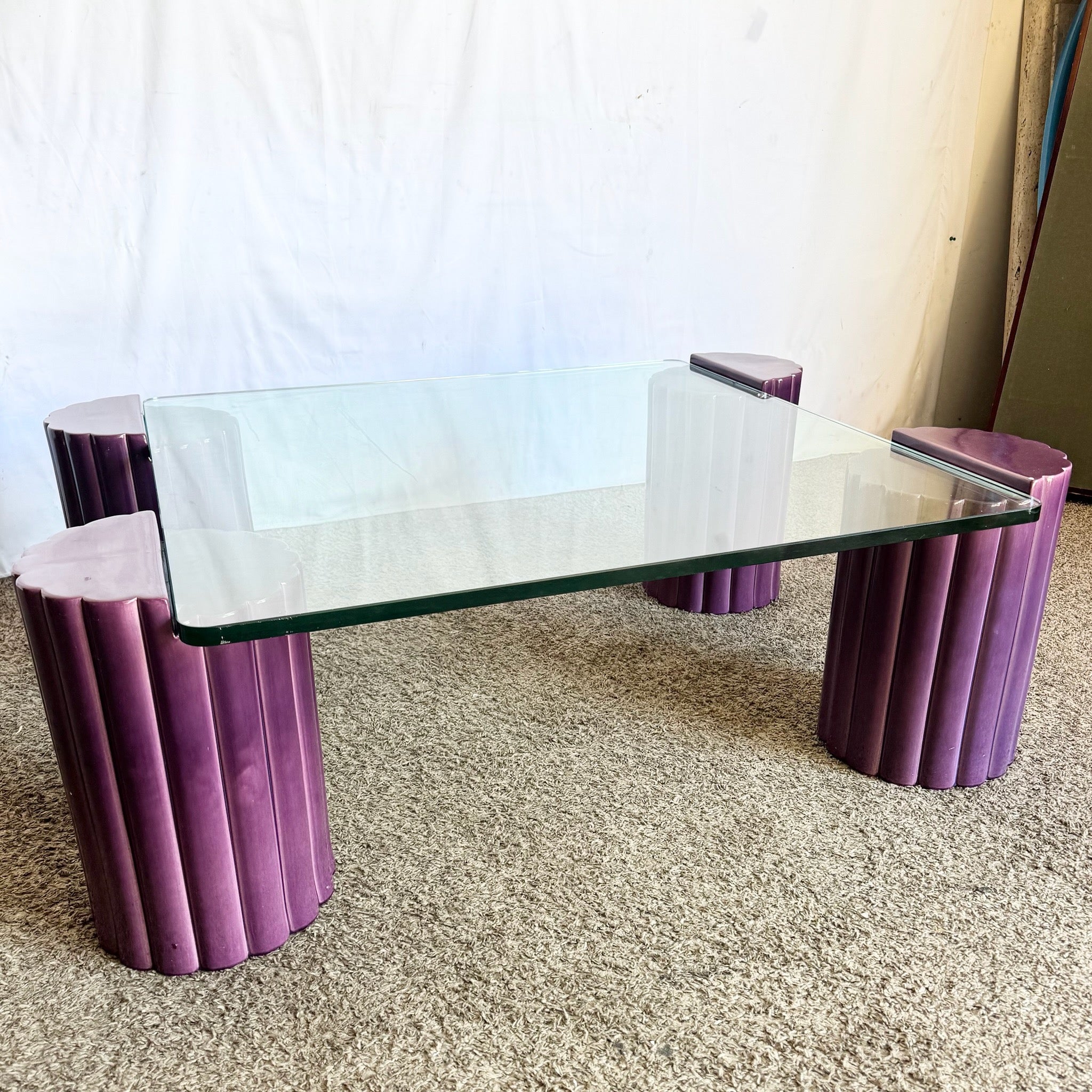 Postmodern Scalloped Purple Ceramic Glass Top Coffee Table