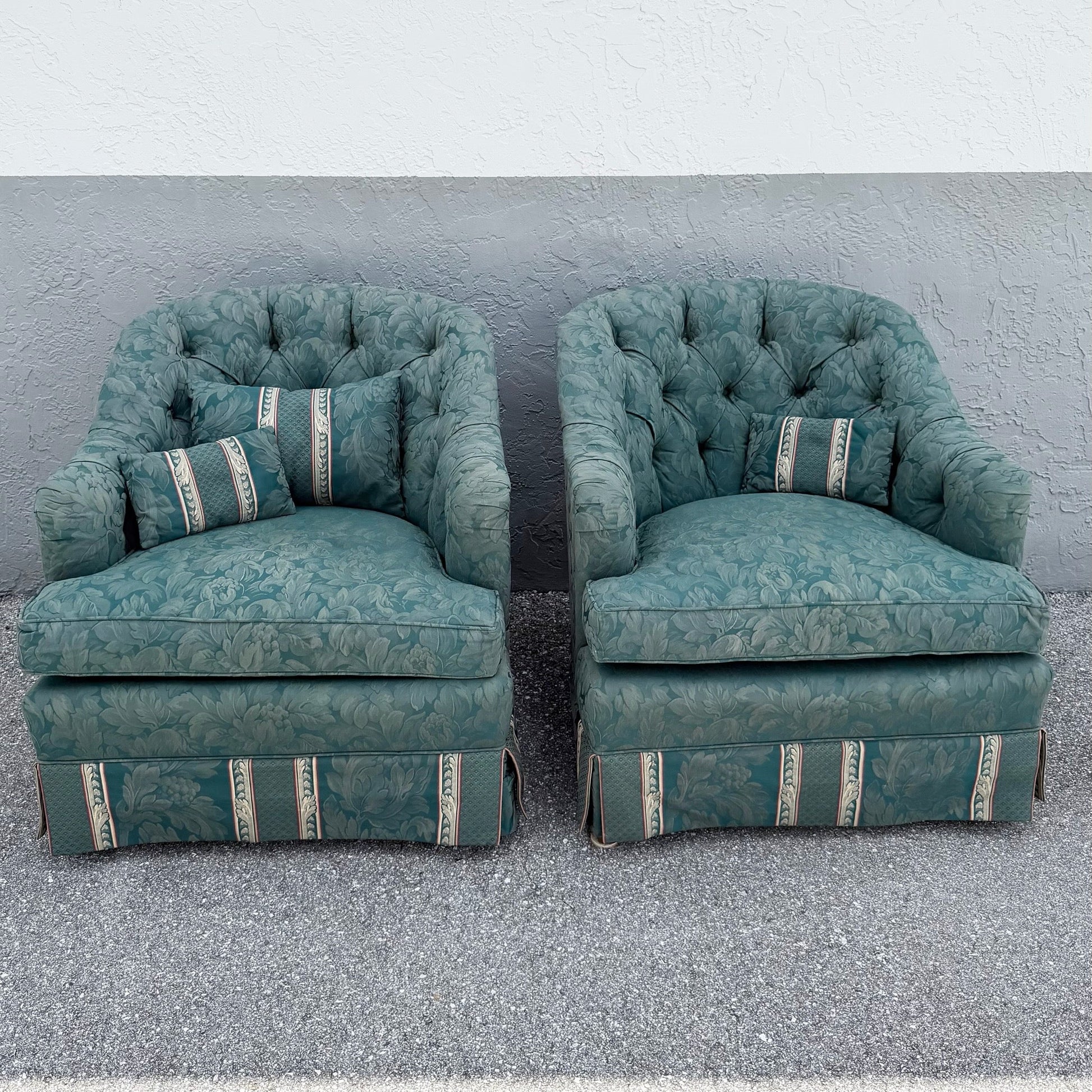 Vintage Mid Century Skirted Green Tufted Lounge Chairs - A Pair Dolphin & Flamingo