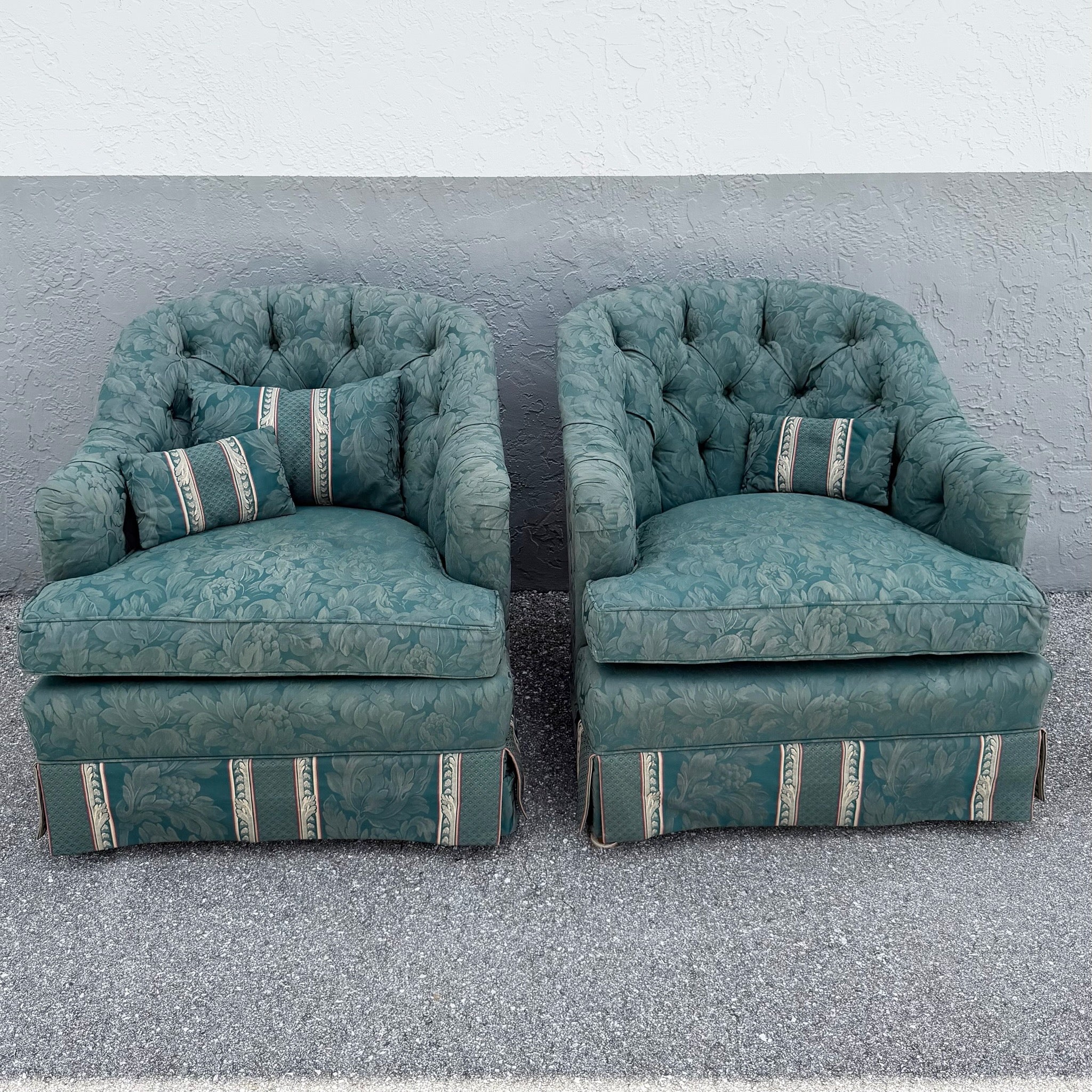 Vintage Mid Century Skirted Green Tufted Lounge Chairs - A Pair Dolphin & Flamingo