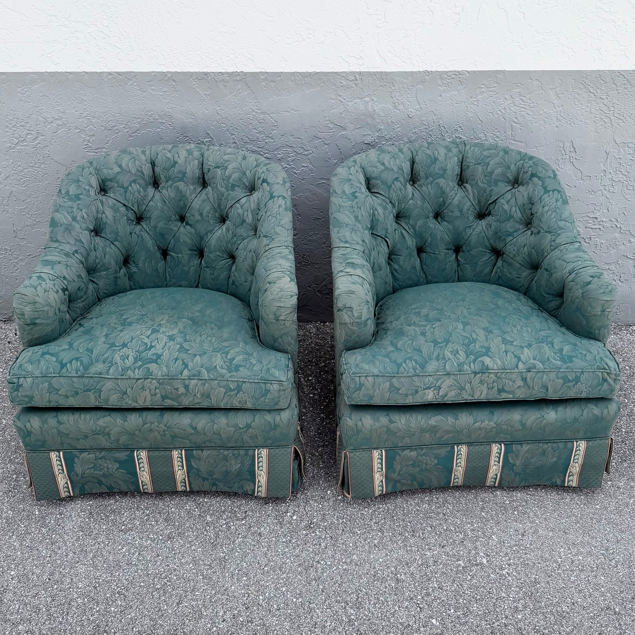 Vintage Mid Century Skirted Green Tufted Lounge Chairs - A Pair Dolphin & Flamingo
