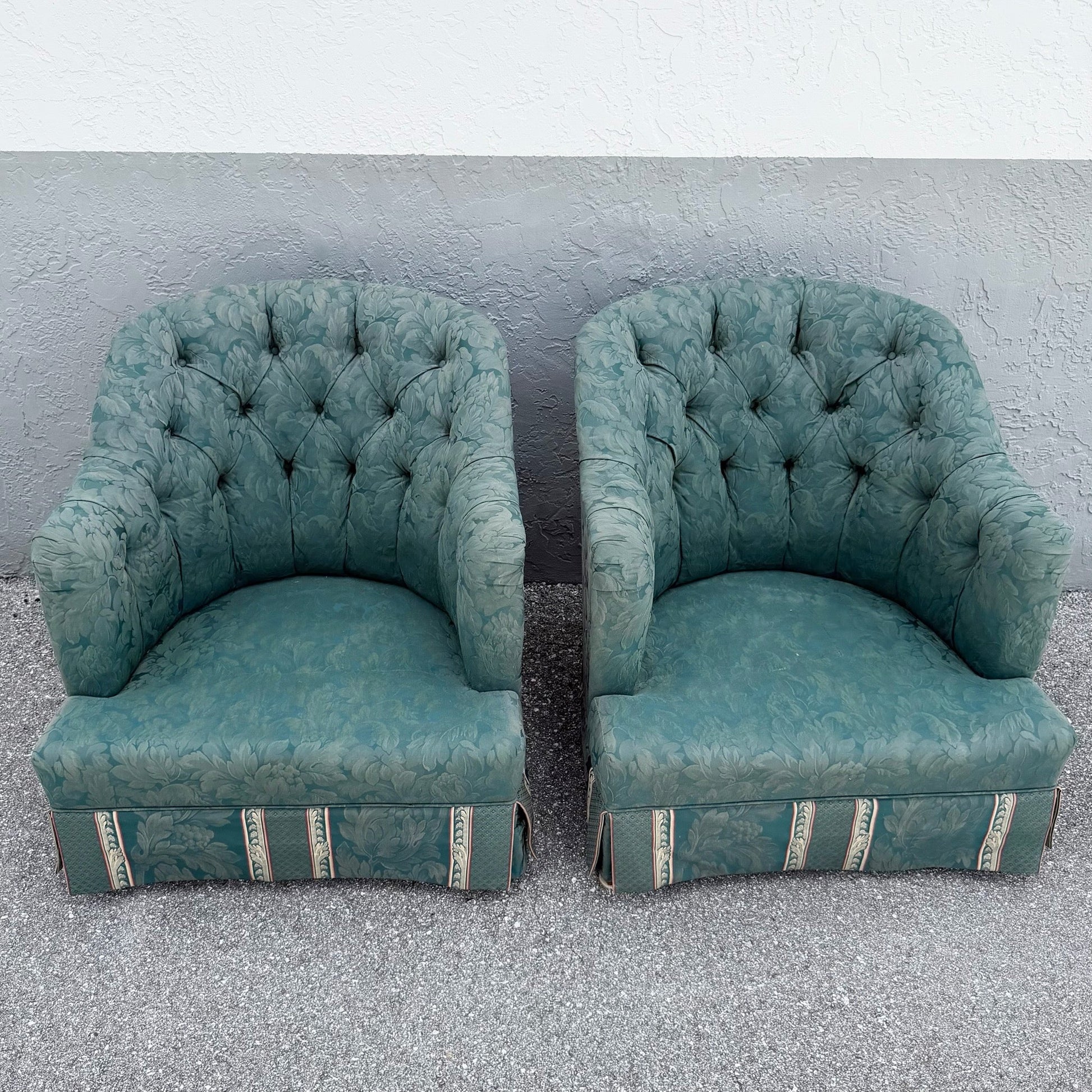 Vintage Mid Century Skirted Green Tufted Lounge Chairs - A Pair Dolphin & Flamingo