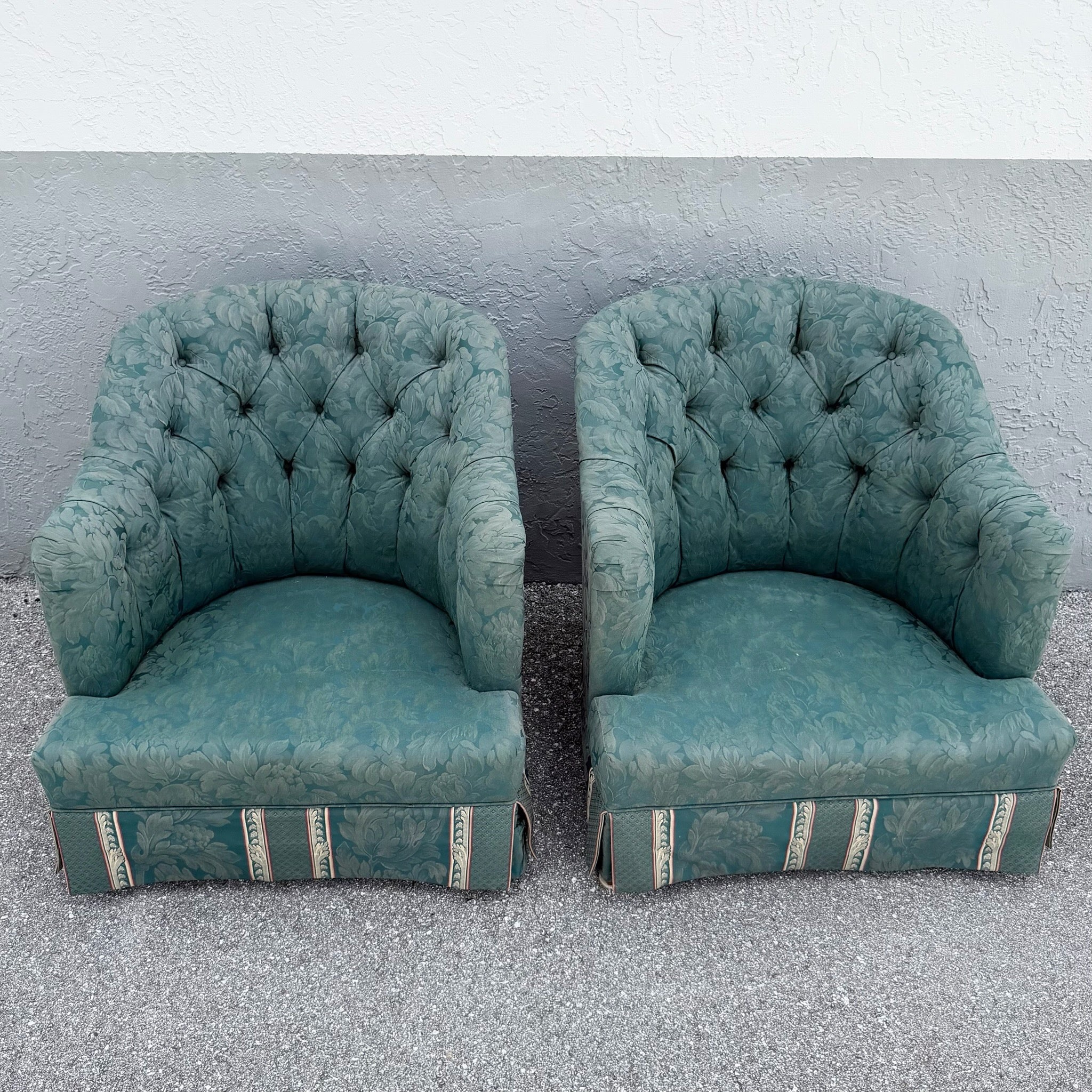 Vintage Mid Century Skirted Green Tufted Lounge Chairs - A Pair Dolphin & Flamingo