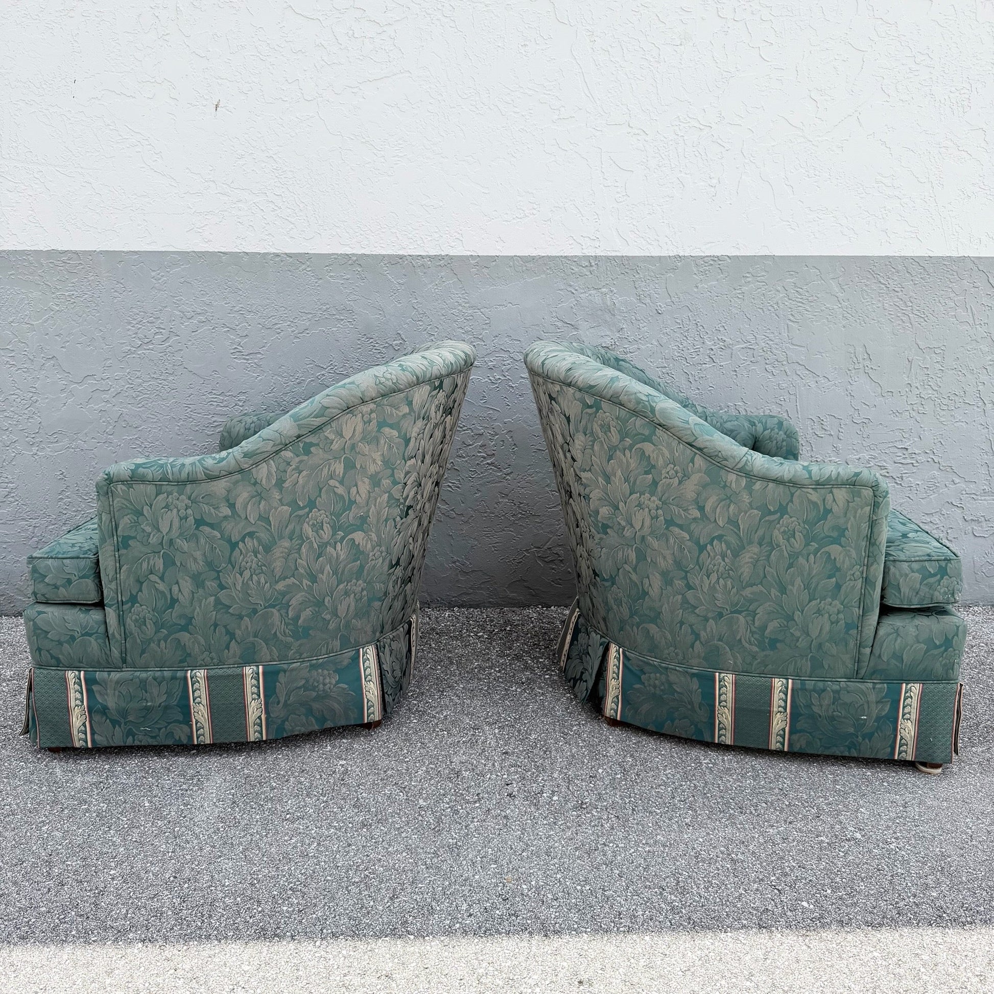 Vintage Mid Century Skirted Green Tufted Lounge Chairs - A Pair Dolphin & Flamingo