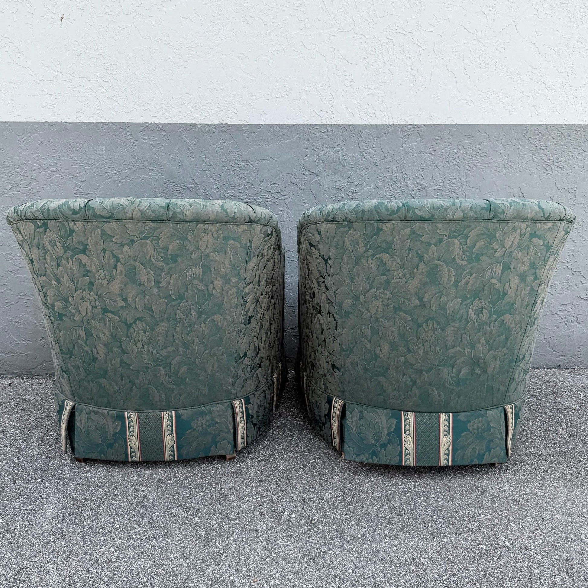 Vintage Mid Century Skirted Green Tufted Lounge Chairs - A Pair Dolphin & Flamingo