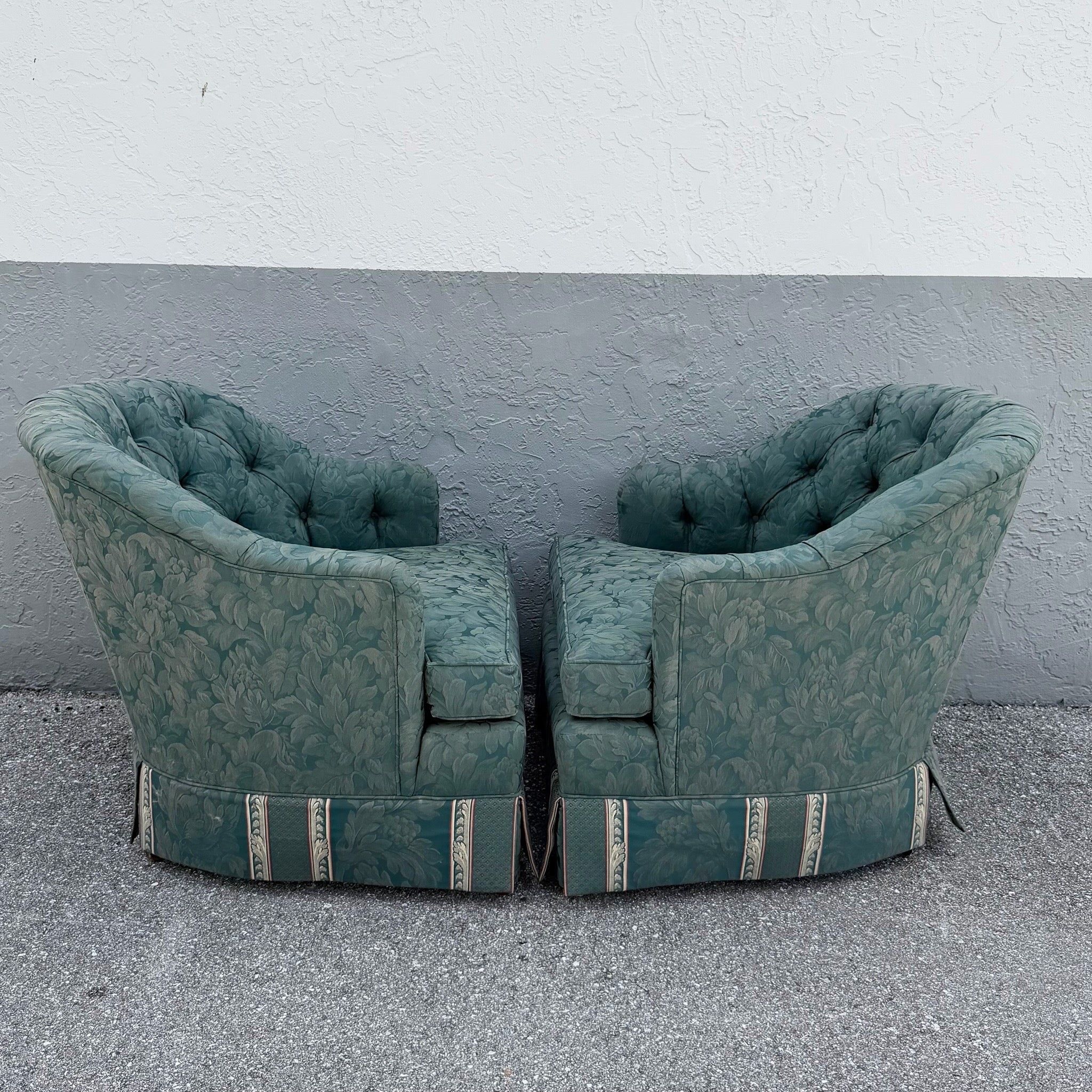 Vintage Mid Century Skirted Green Tufted Lounge Chairs - A Pair Dolphin & Flamingo