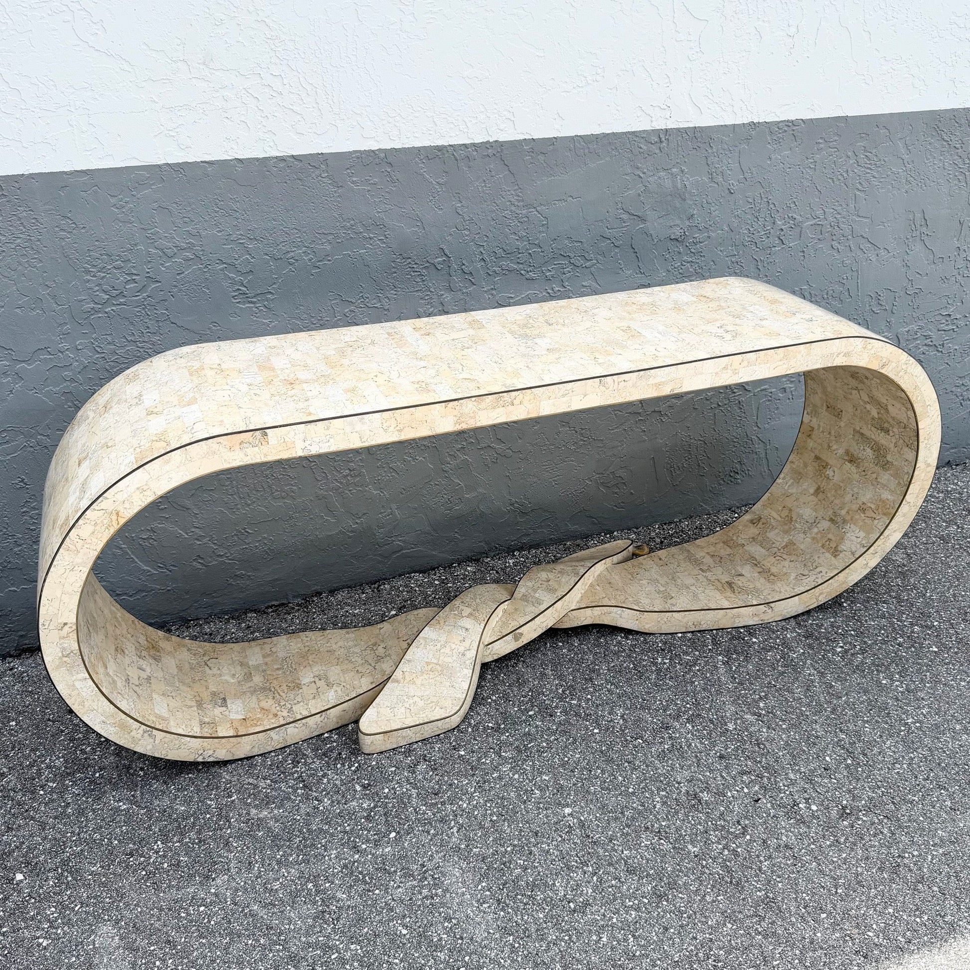 Postmodern Tessellated Stone Maitland Smith Waterfall Ribbon Console Table Dolphin & Flamingo
