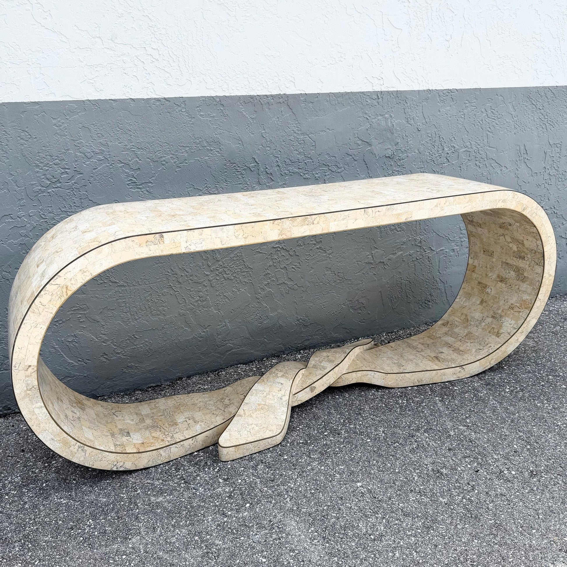 Postmodern Tessellated Stone Maitland Smith Waterfall Ribbon Console Table Dolphin & Flamingo