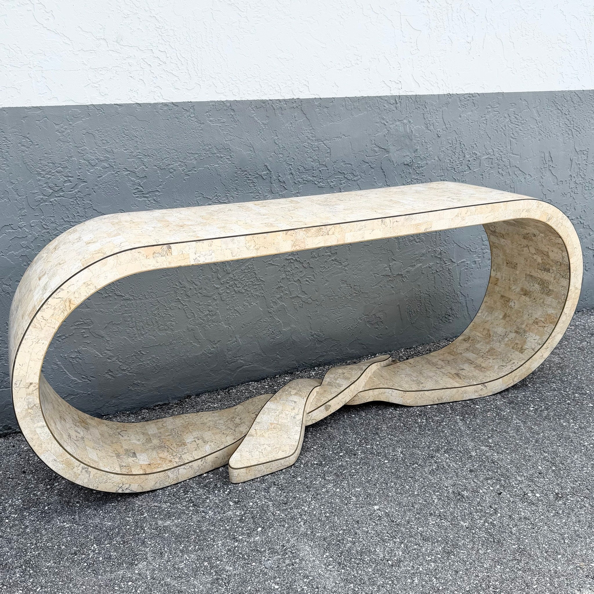 Postmodern Tessellated Stone Maitland Smith Waterfall Ribbon Console Table Dolphin & Flamingo