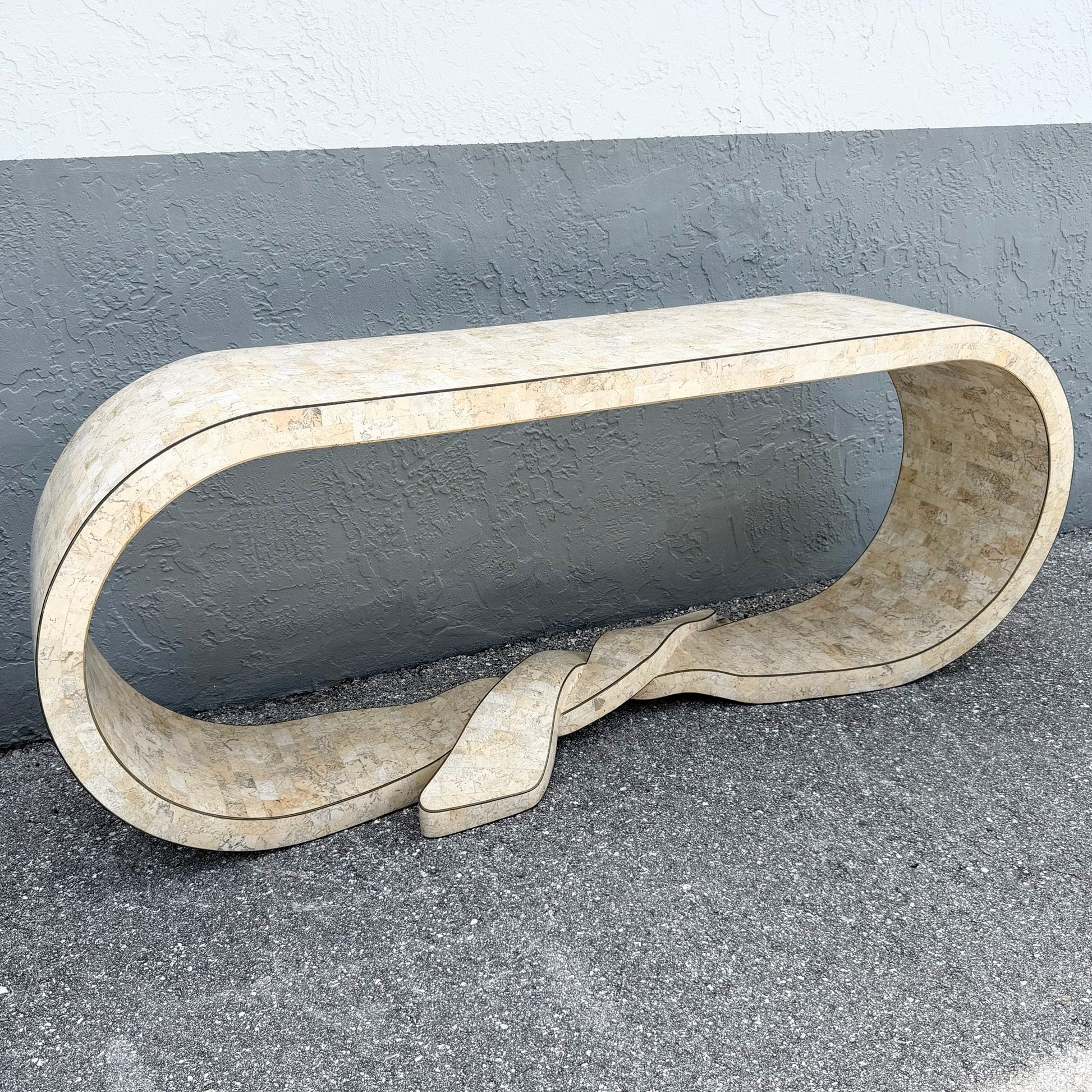 Postmodern Tessellated Stone Maitland Smith Waterfall Ribbon Console Table Dolphin & Flamingo