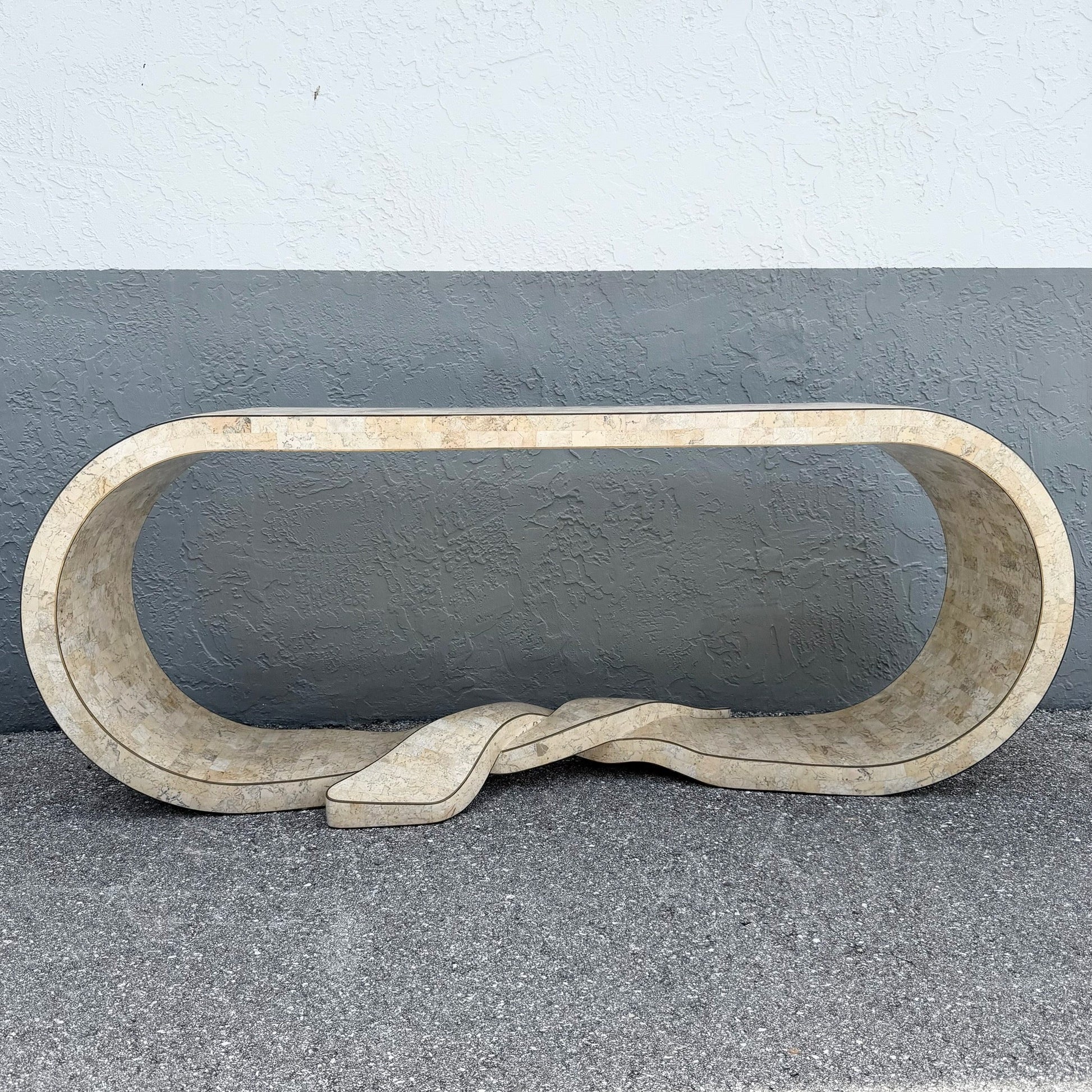 Postmodern Tessellated Stone Maitland Smith Waterfall Ribbon Console Table Dolphin & Flamingo
