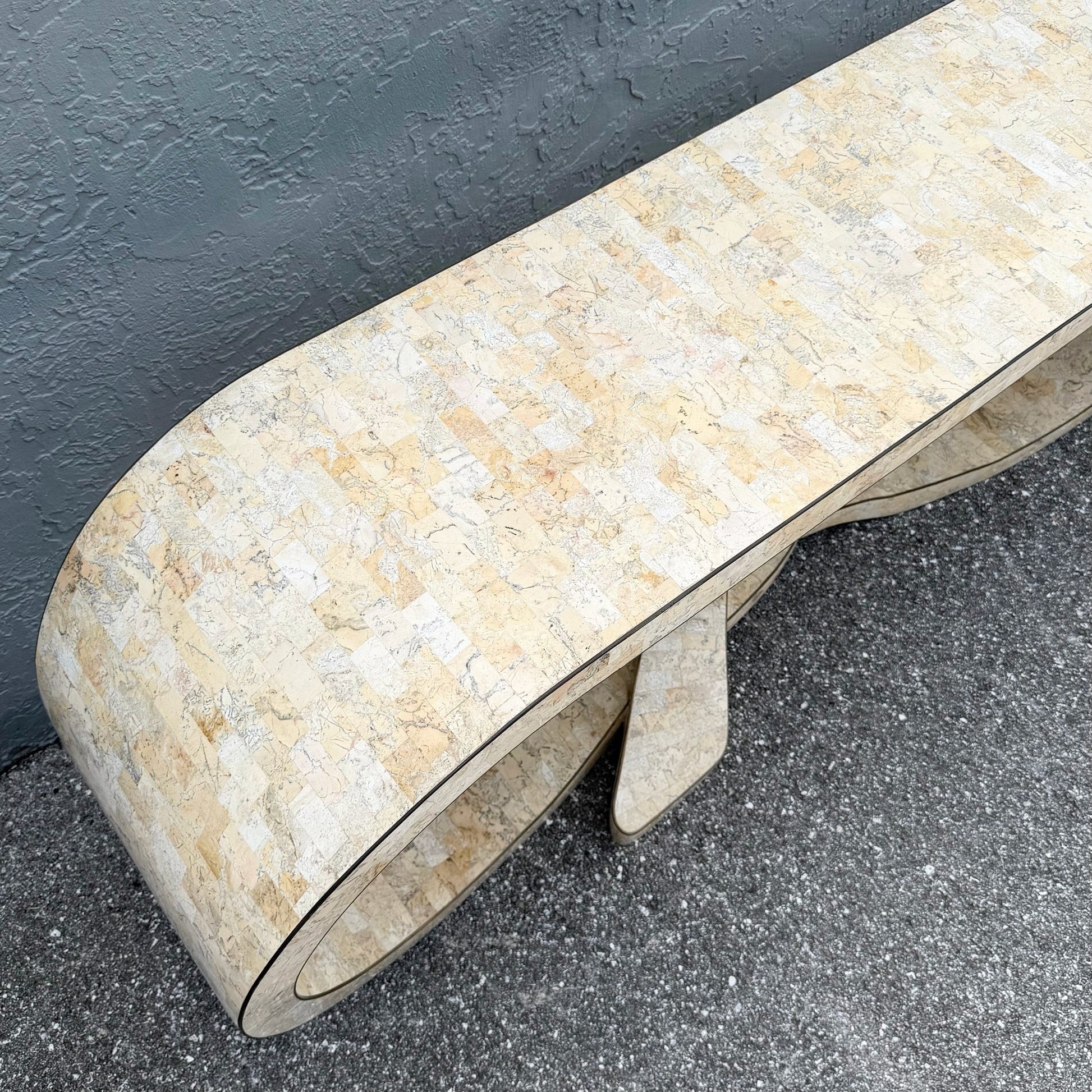 Postmodern Tessellated Stone Maitland Smith Waterfall Ribbon Console Table Dolphin & Flamingo