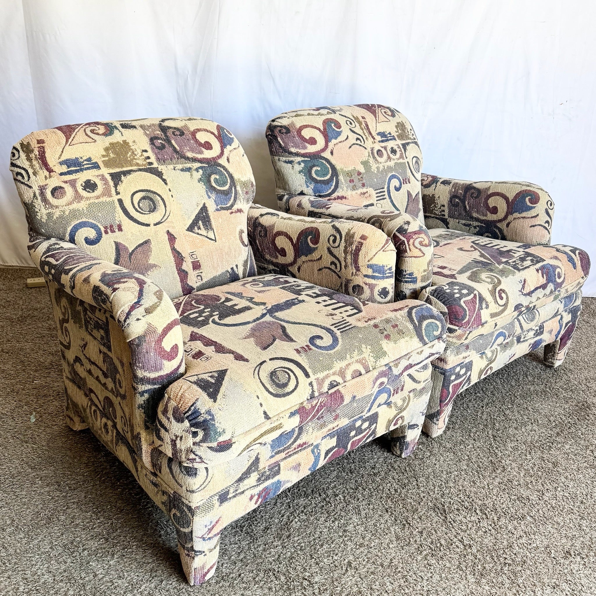 Postmodern Multi Colored Abstract Pattern Lounge Chairs - A Pair