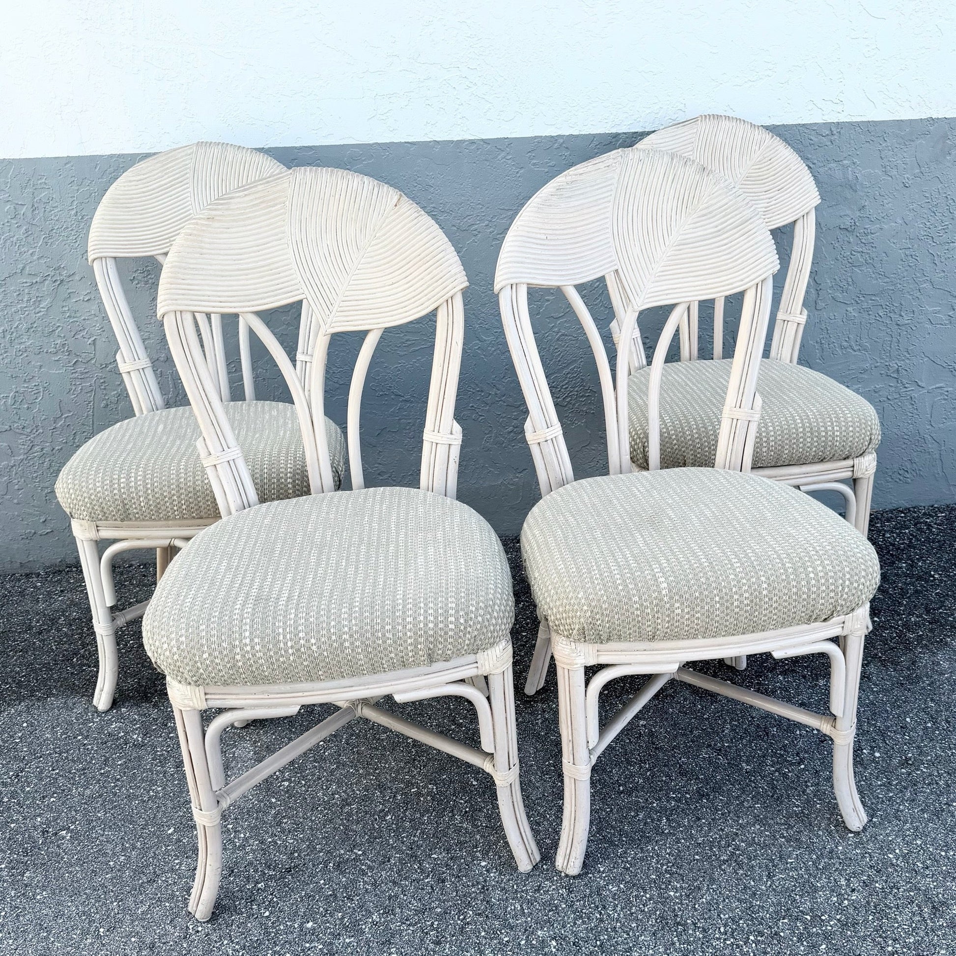 Boho Chic Sculpted Pencil Reed Leaf Back Rattan Dining Chairs - Set of 4 Dolphin & Flamingo