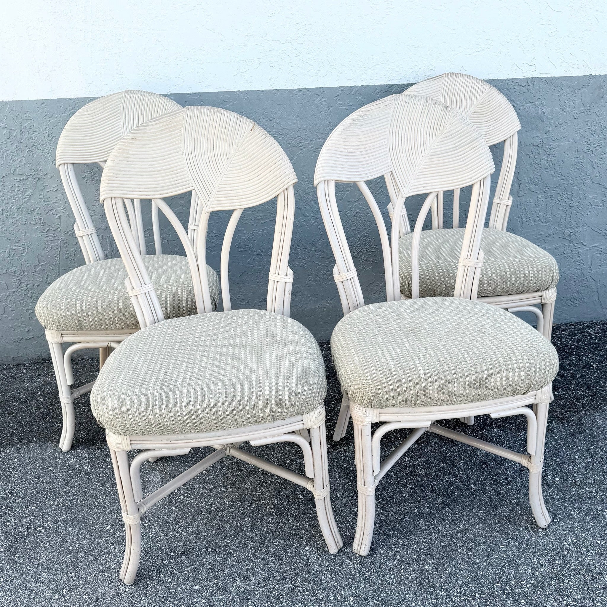 Boho Chic Sculpted Pencil Reed Leaf Back Rattan Dining Chairs - Set of 4 Dolphin & Flamingo