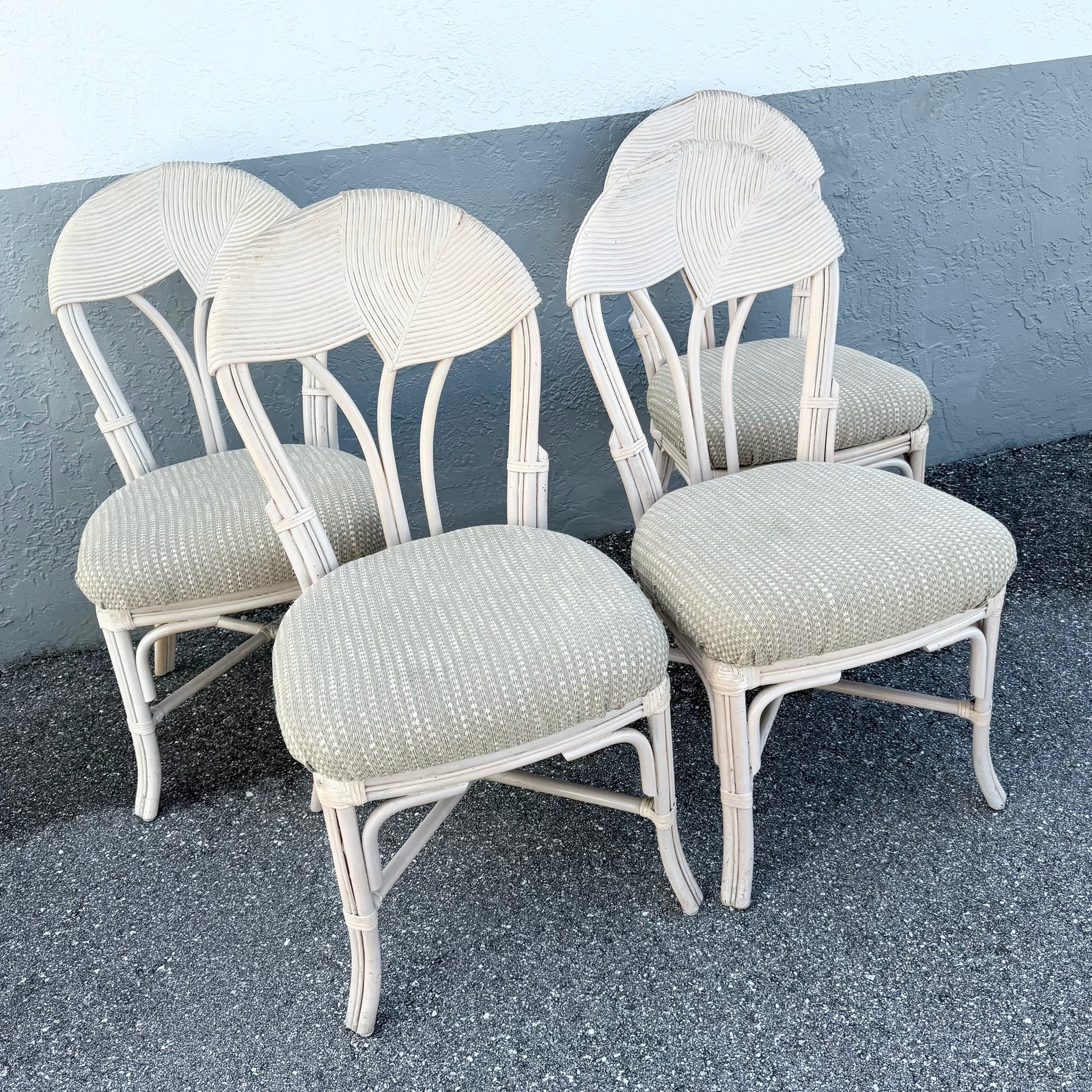Boho Chic Sculpted Pencil Reed Leaf Back Rattan Dining Chairs - Set of 4 Dolphin & Flamingo