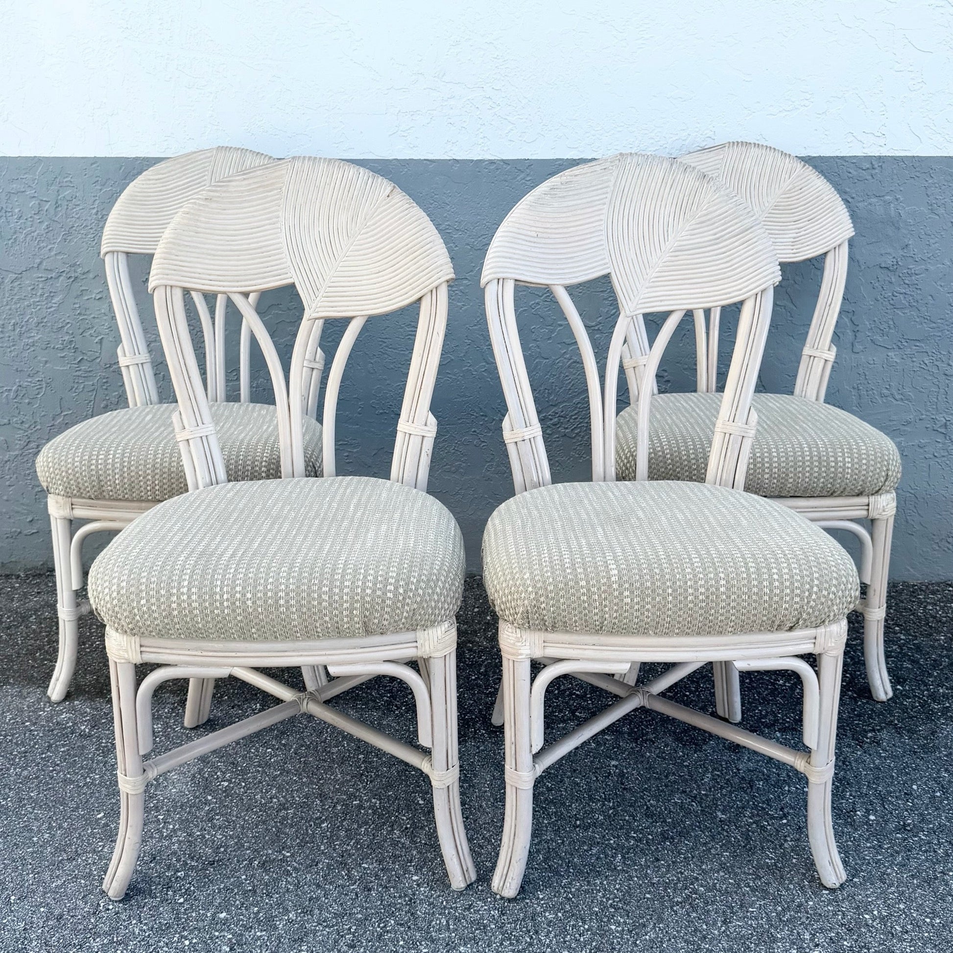 Boho Chic Sculpted Pencil Reed Leaf Back Rattan Dining Chairs - Set of 4 Dolphin & Flamingo