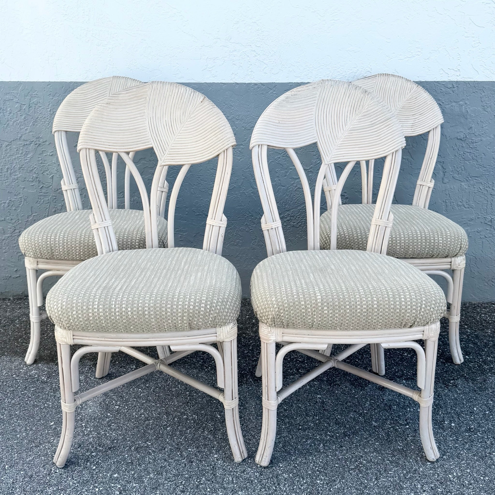 Boho Chic Sculpted Pencil Reed Leaf Back Rattan Dining Chairs - Set of 4 Dolphin & Flamingo