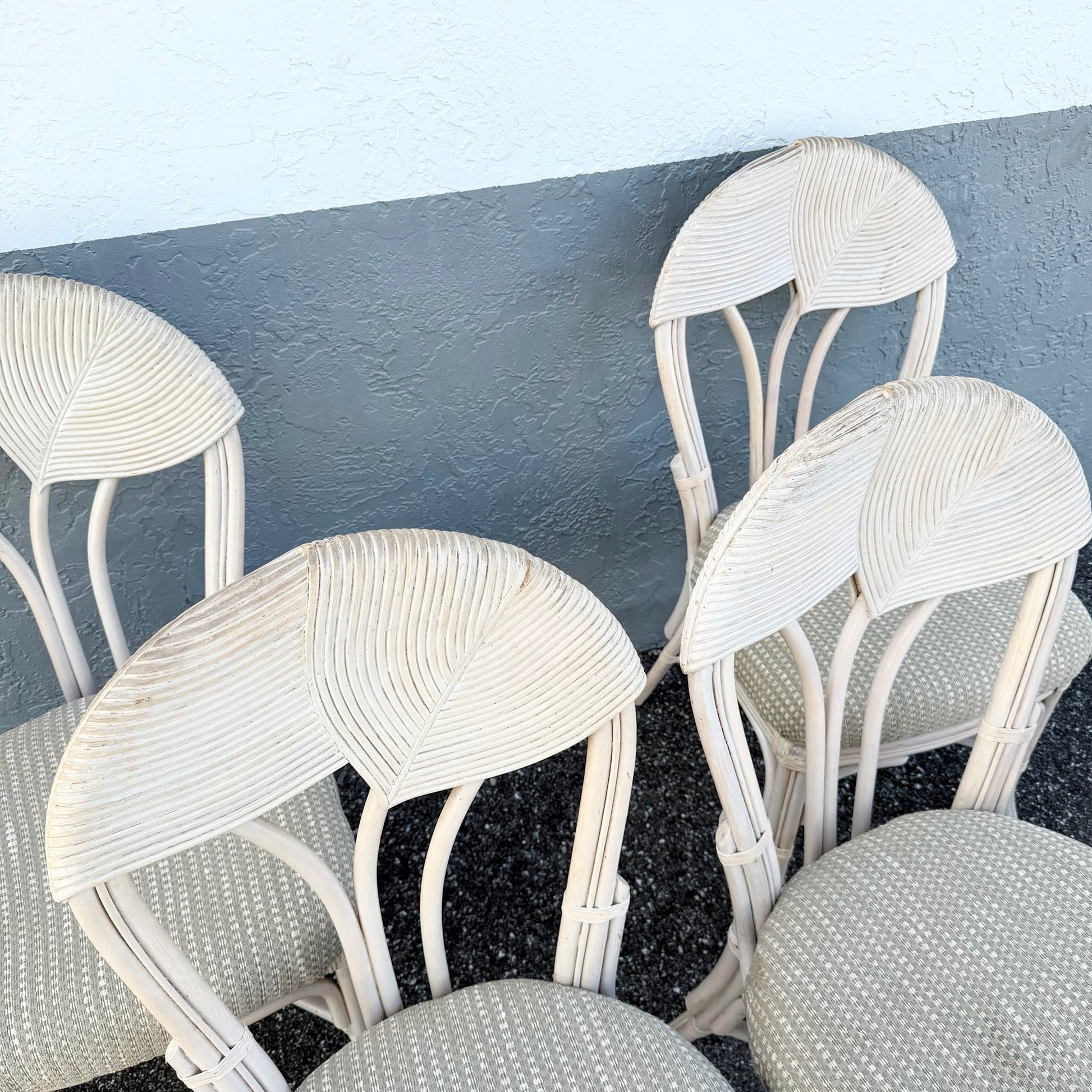 Boho Chic Sculpted Pencil Reed Leaf Back Rattan Dining Chairs - Set of 4 Dolphin & Flamingo