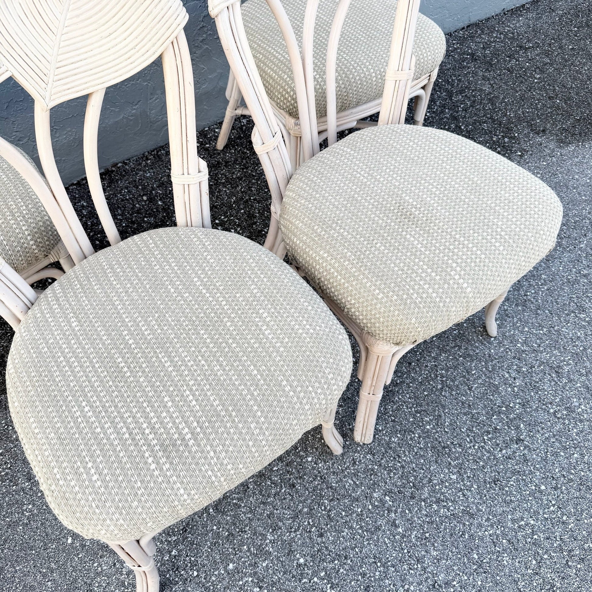Boho Chic Sculpted Pencil Reed Leaf Back Rattan Dining Chairs - Set of 4 Dolphin & Flamingo