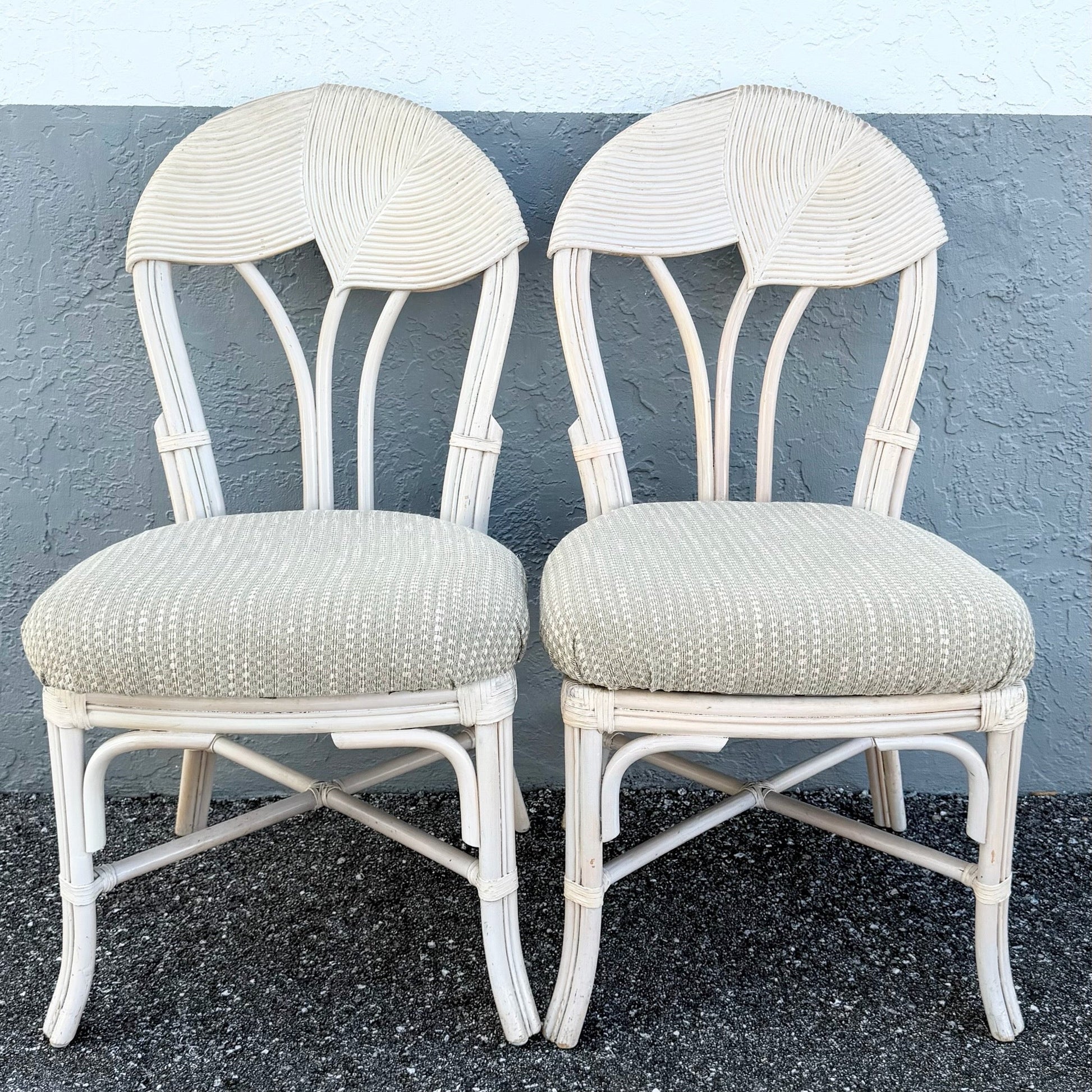 Boho Chic Sculpted Pencil Reed Leaf Back Rattan Dining Chairs - Set of 4 Dolphin & Flamingo