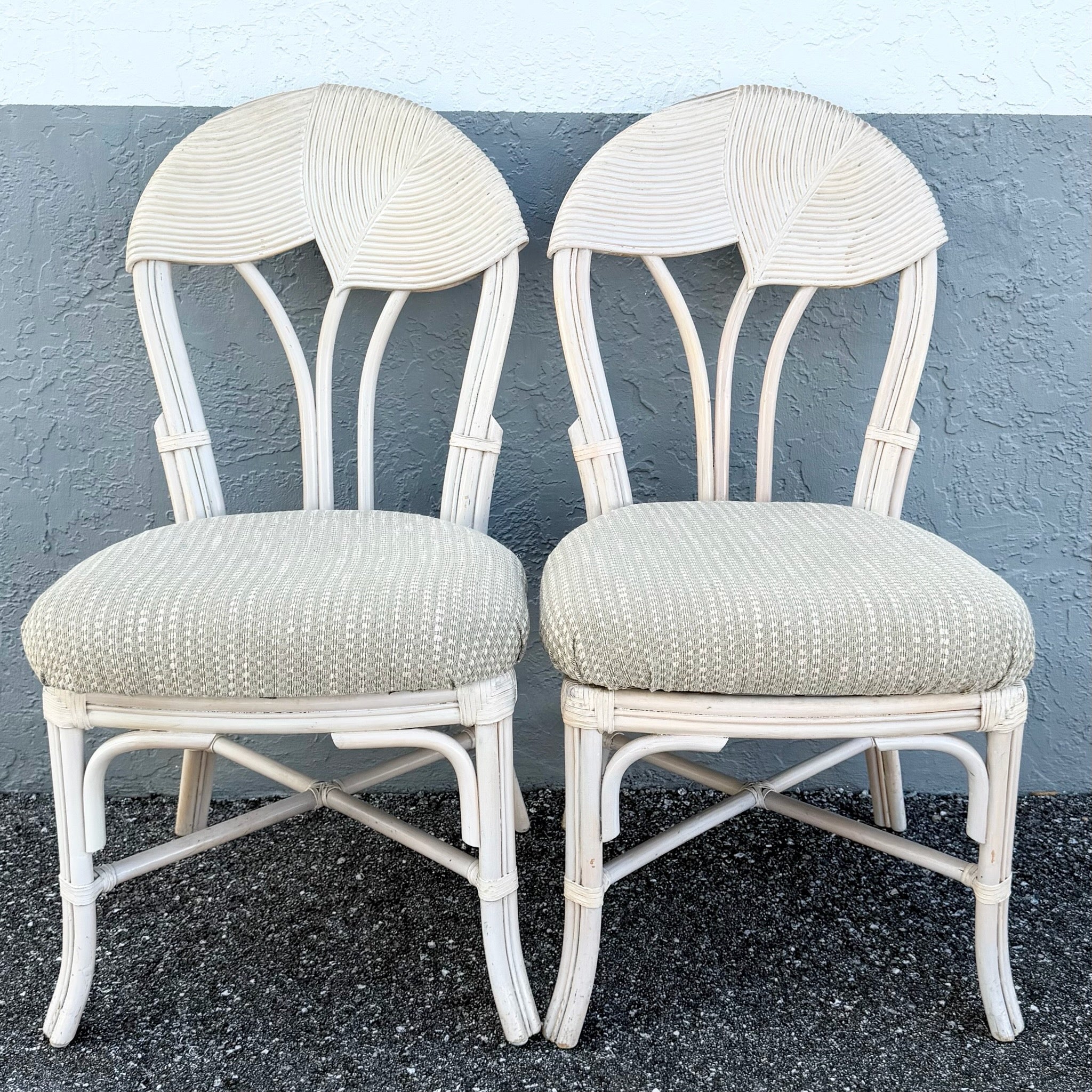 Boho Chic Sculpted Pencil Reed Leaf Back Rattan Dining Chairs - Set of 4 Dolphin & Flamingo