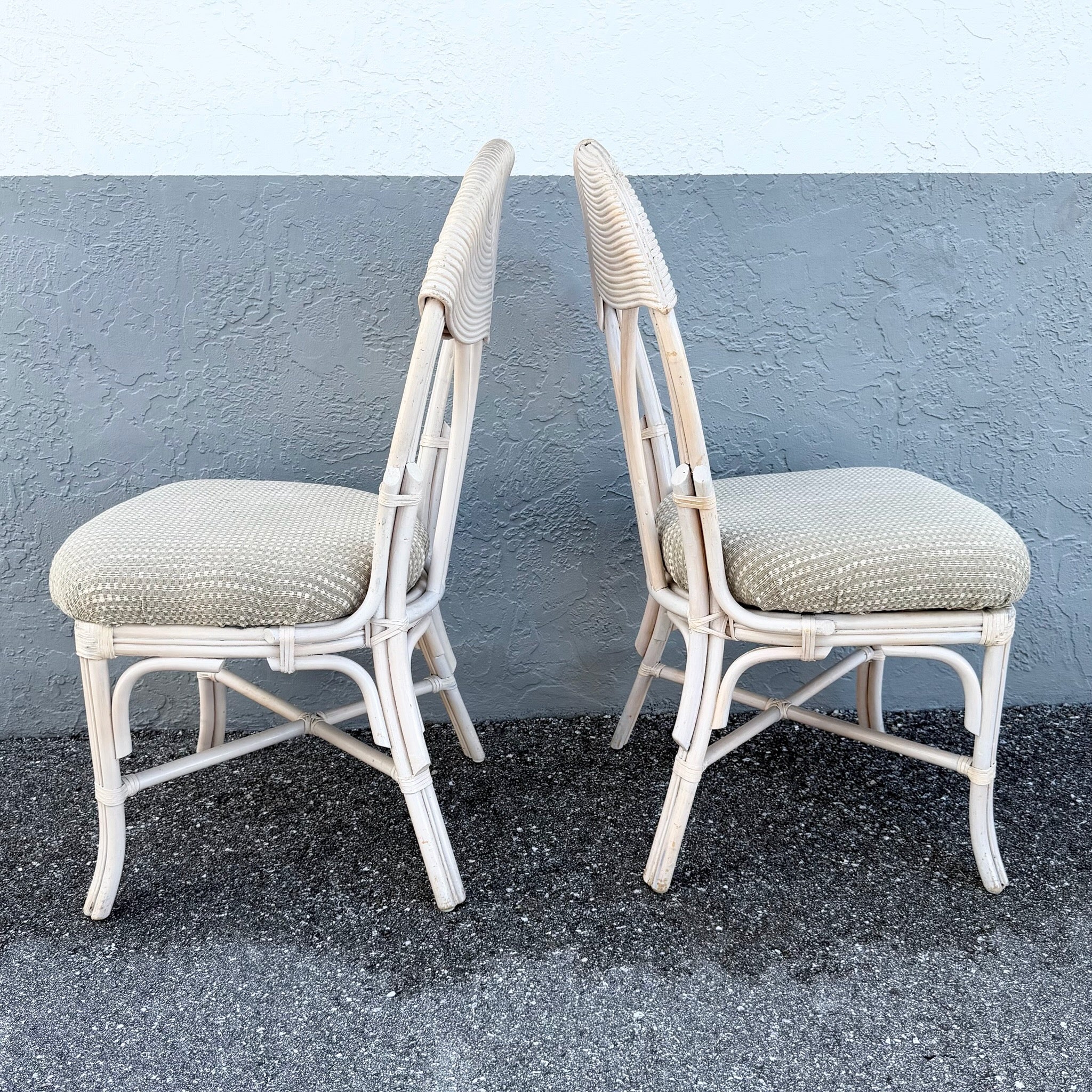 Boho Chic Sculpted Pencil Reed Leaf Back Rattan Dining Chairs - Set of 4 Dolphin & Flamingo