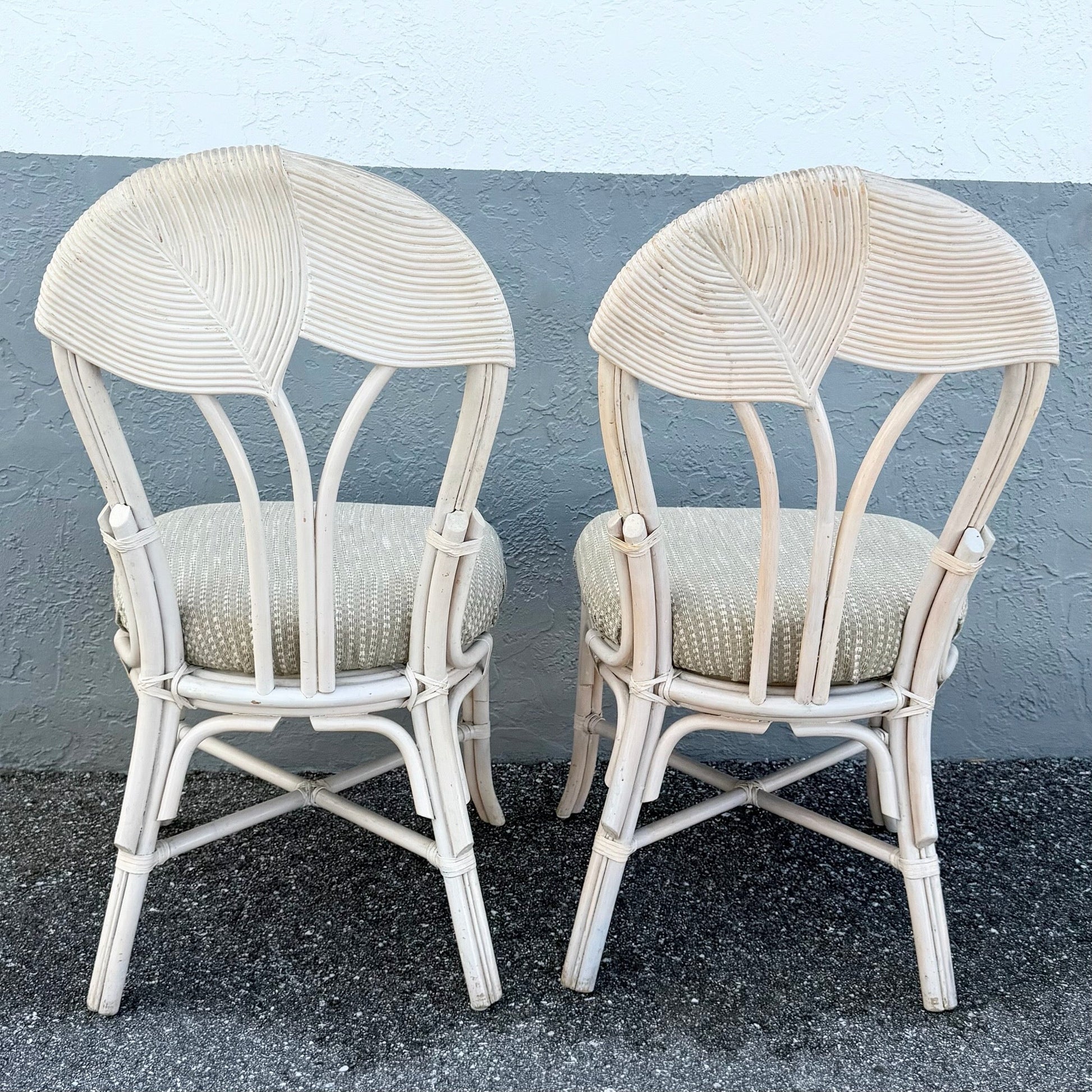 Boho Chic Sculpted Pencil Reed Leaf Back Rattan Dining Chairs - Set of 4 Dolphin & Flamingo
