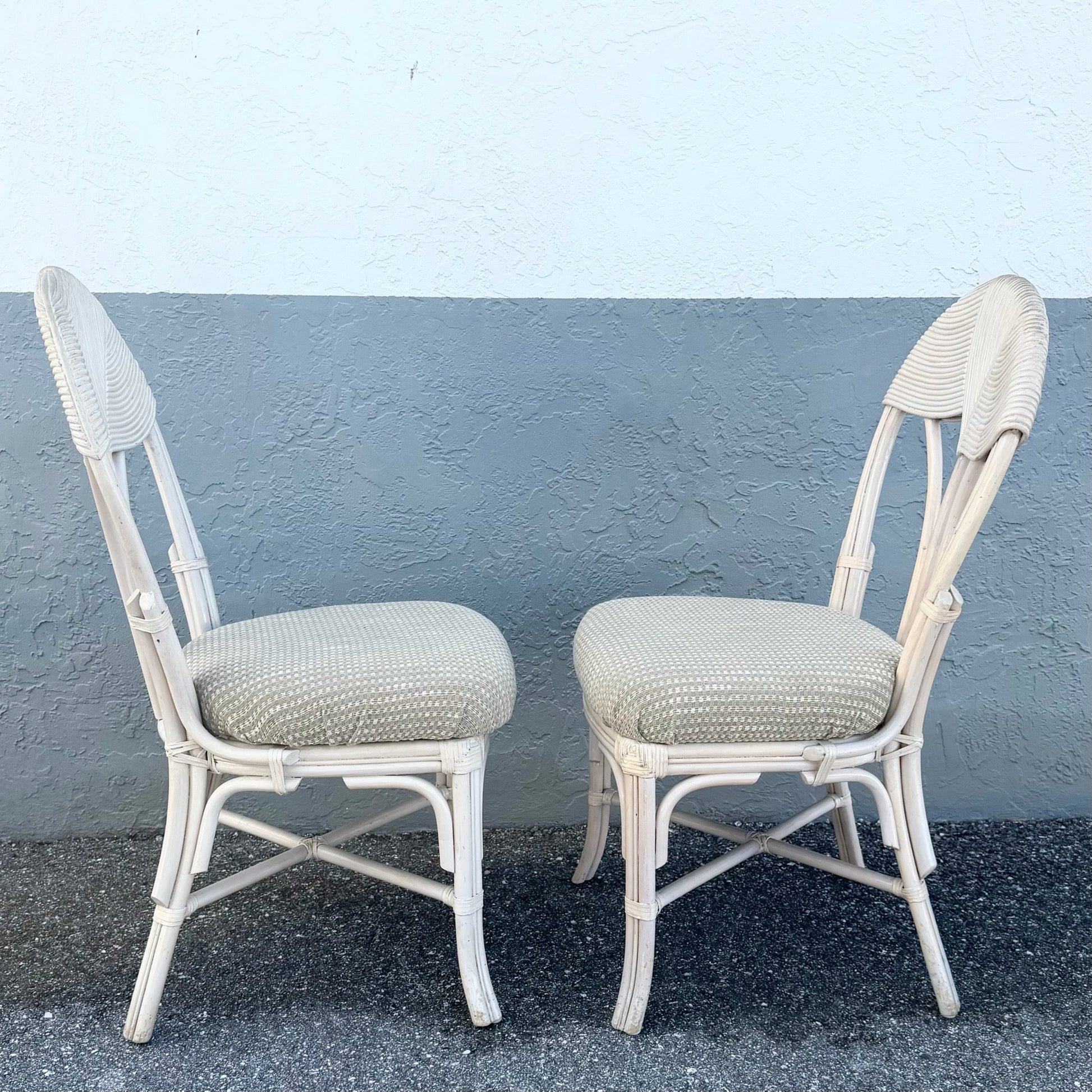 Boho Chic Sculpted Pencil Reed Leaf Back Rattan Dining Chairs - Set of 4 Dolphin & Flamingo